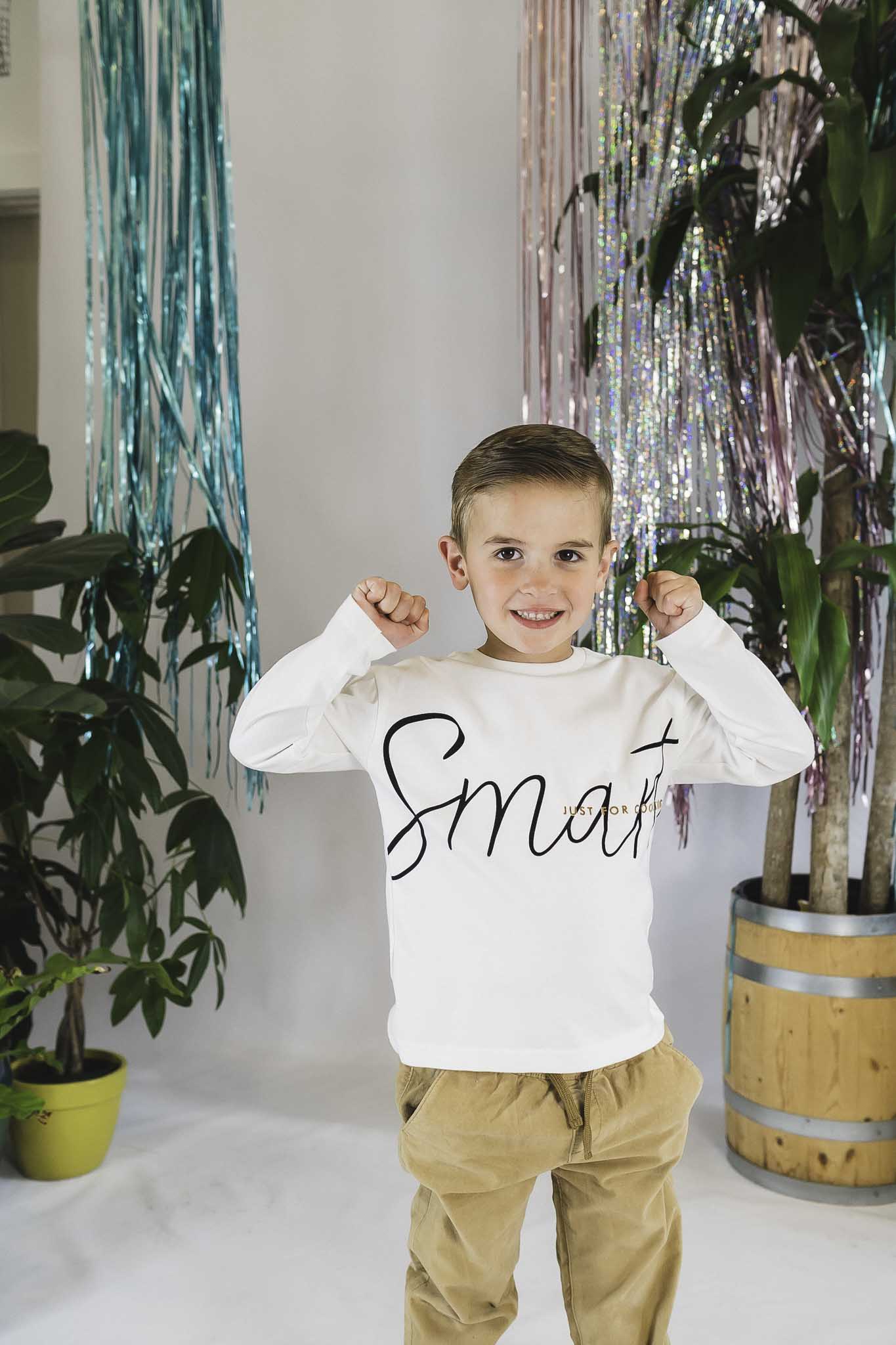 Smart Graphic Long Sleeve Shirt for Boys - Trendy Cream Cotton Tee with Cool Prints - Perfect for School, Playdates & Casual Outings
