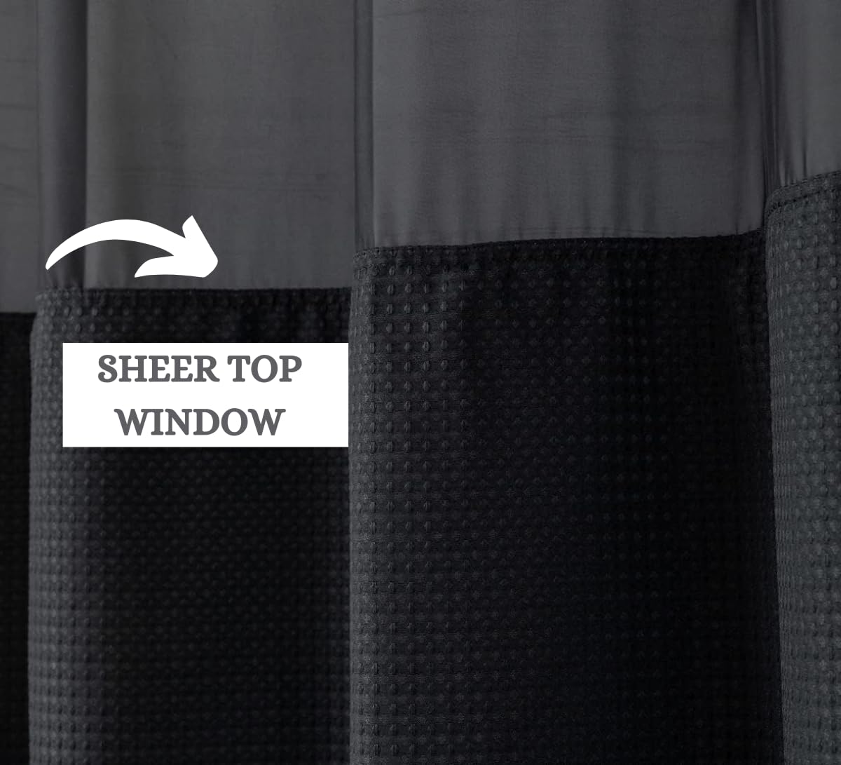 No Hooks Required Shower Curtain with Snap-in Liner - Waffle Weave Hotel Style Waterproof Bathroom Curtain, Washable Fabric with Mesh Top Window & Easy Snap Hooks, 72x74 Inches (Black) - Perfect for Modern Bathrooms, Guest Suites & Spa-Like Showers