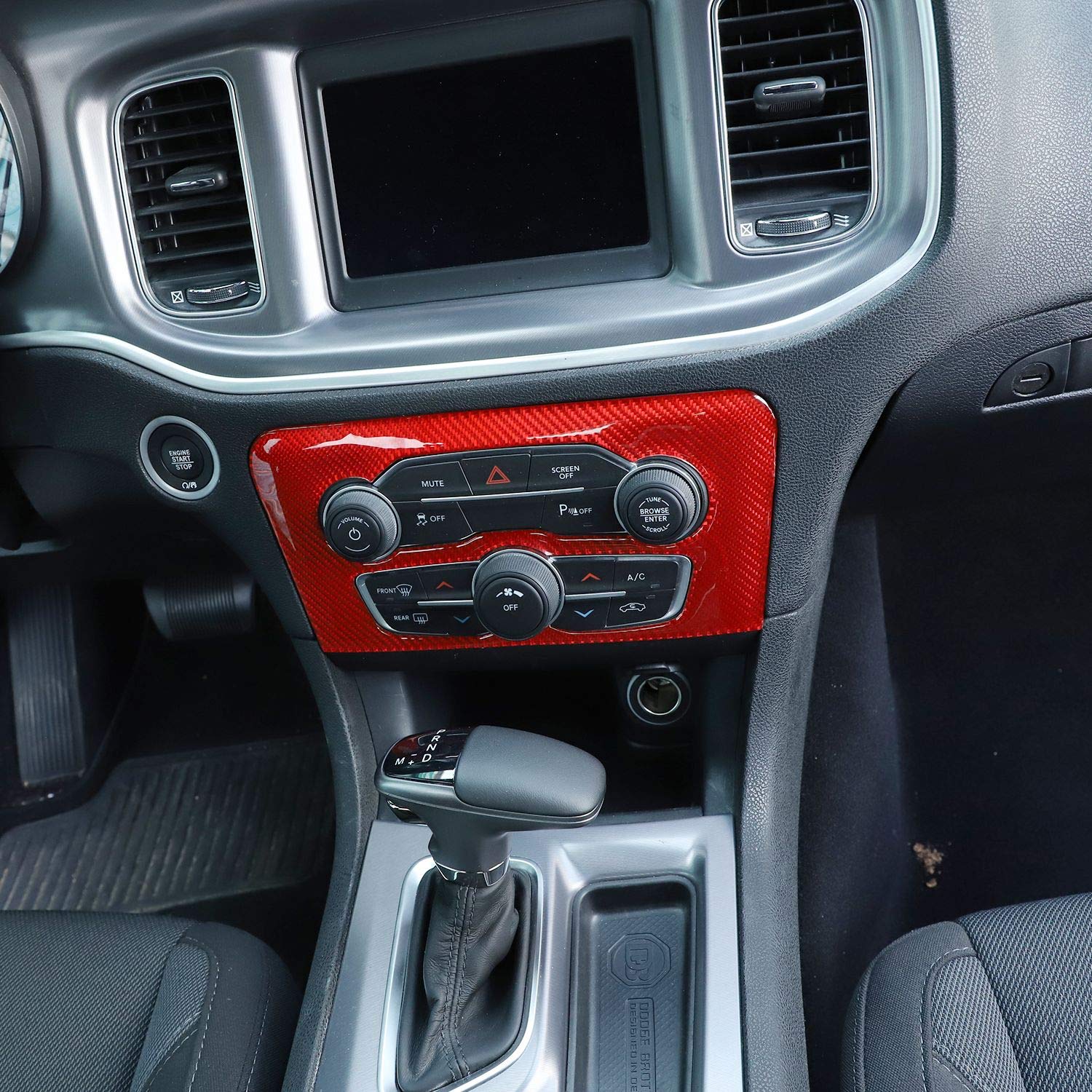 Premium Red Carbon Fiber Radio AC CD Switch Panel Trim for 2015-2019 Dodge Charger - 1pc Replacement Part - Perfect for Interior Upgrades & Custom Car Modifications