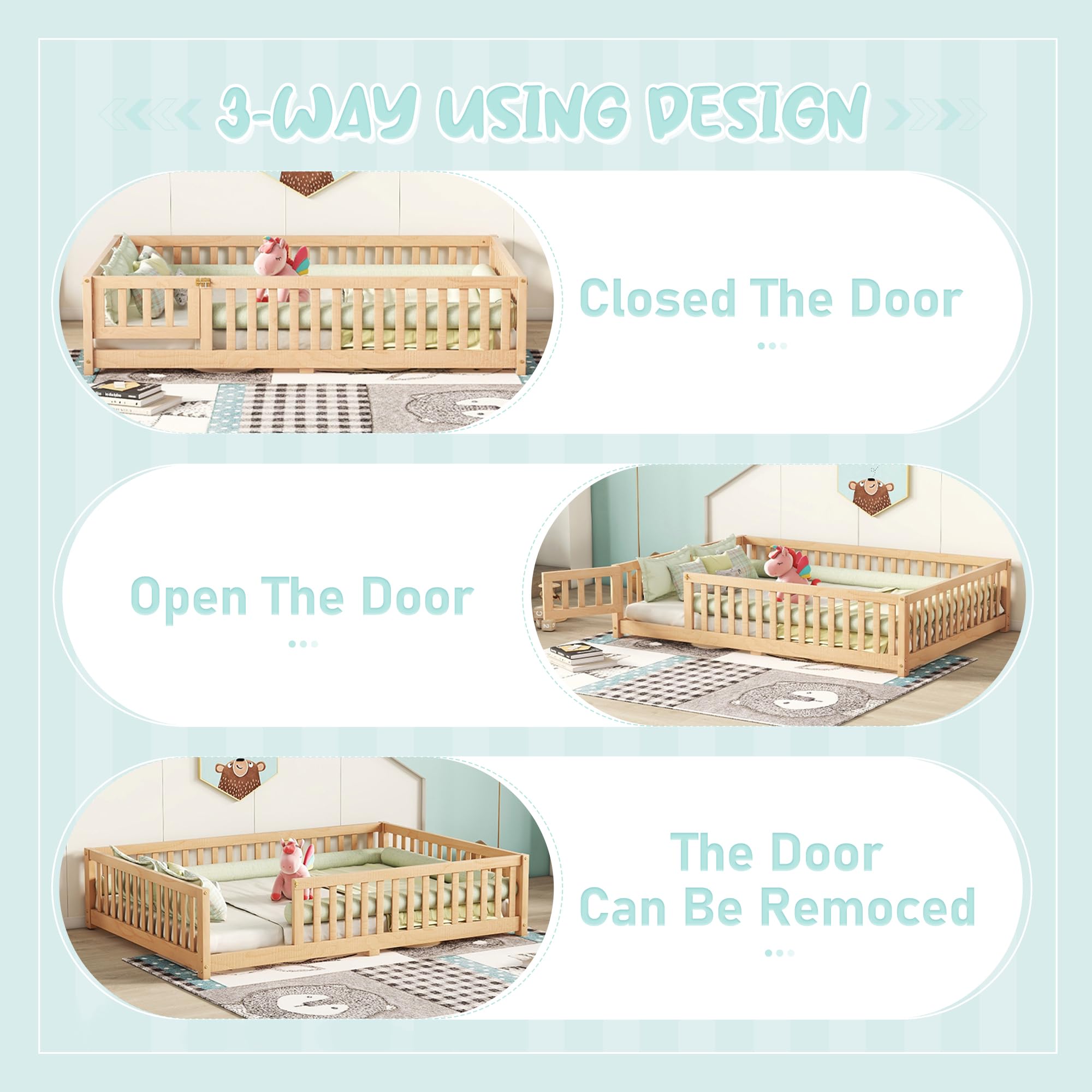 Montessori Full Size Floor Bed with Slats & Center Support Bar - Natural Wood Toddler Bed with Safety Fence & Door for Kids Room, Playroom or Nursery