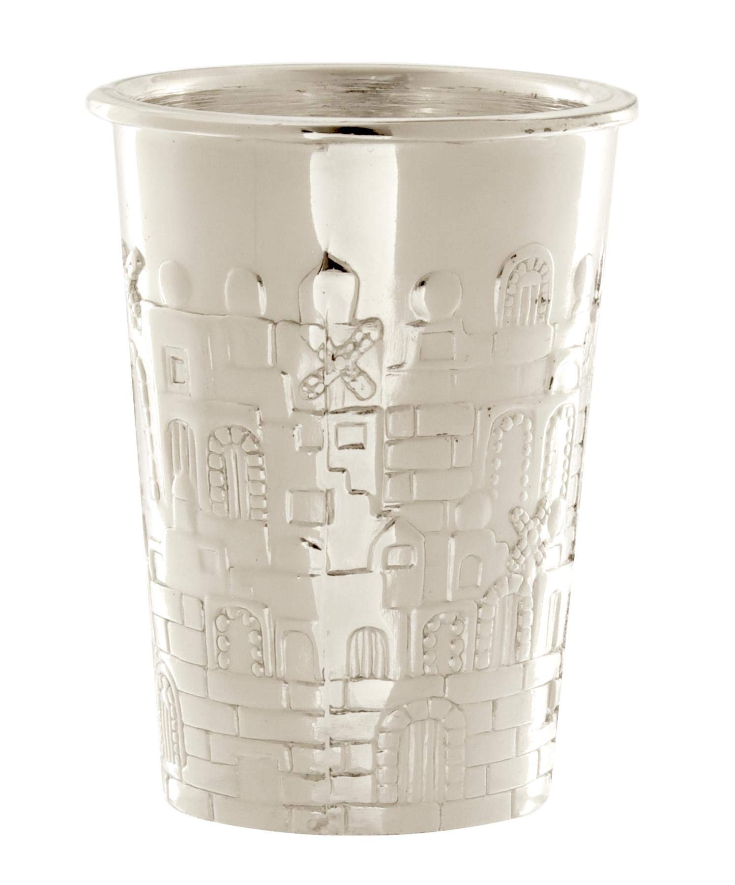 Silver Kiddush Wine Fountain with 6 Cups - Elegant Jerusalem Design (21cm) for Jewish Holidays & Shabbat Celebrations