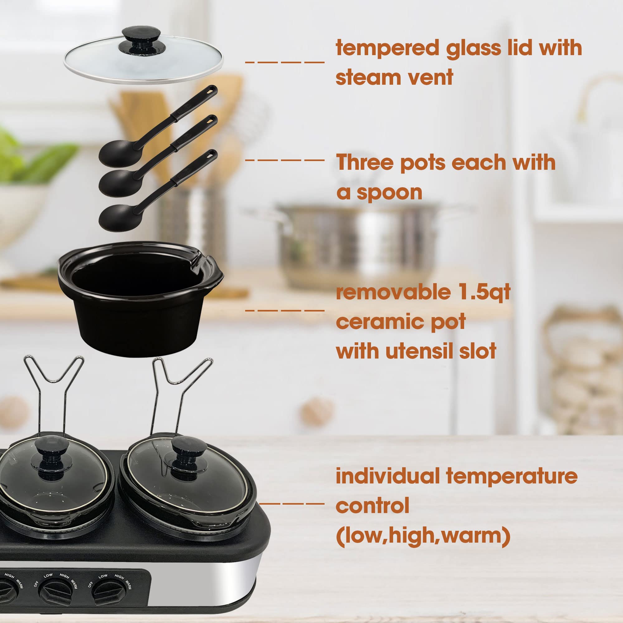 Dual & Triple Slow Cooker Buffet Server - 3-Pot Food Warmer with Adjustable Temperature & Stainless Steel Lid Rests - Perfect for Parties, Catering & Family Gatherings