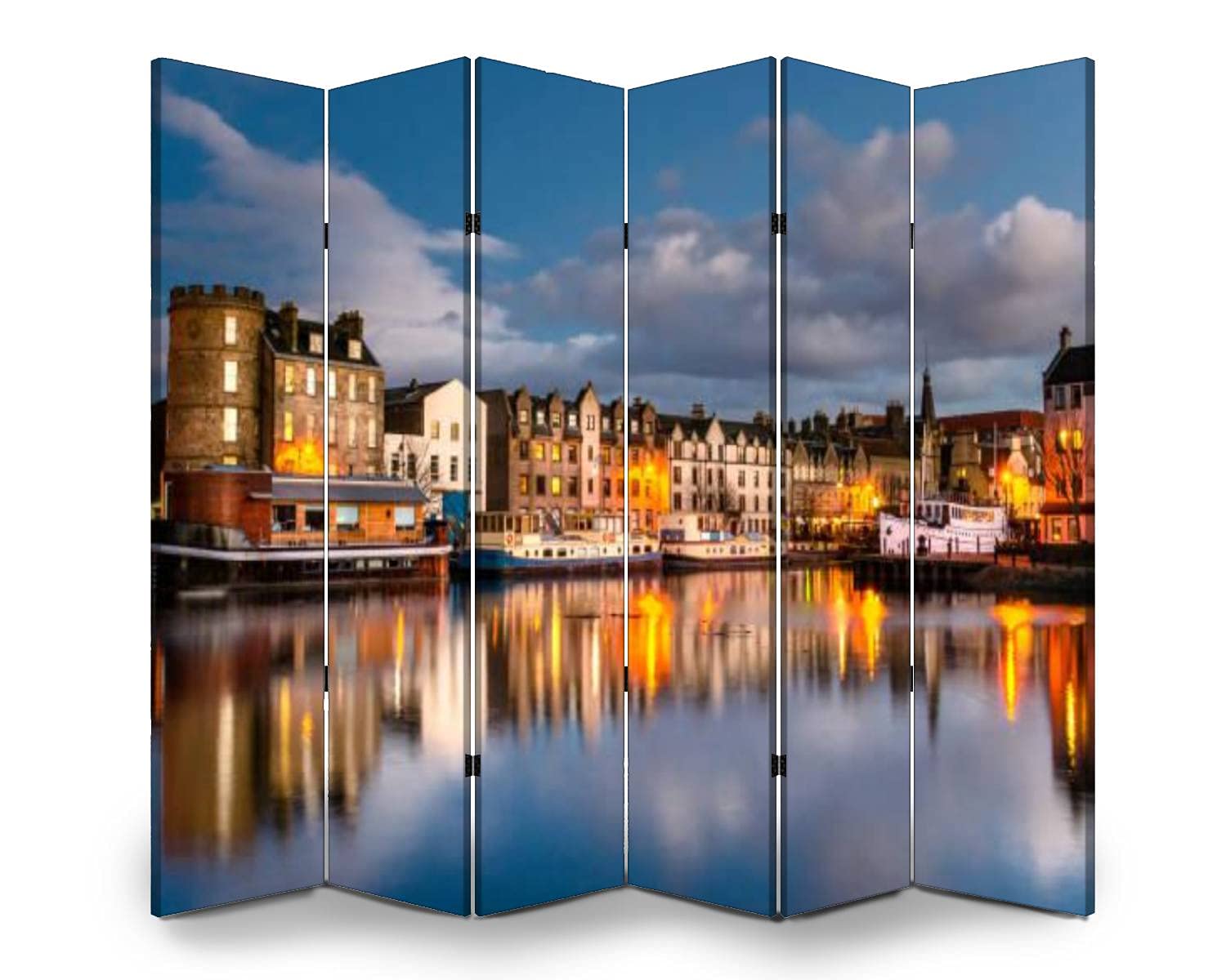 6-Panel Folding Room Divider Screen - Old Leith Harbour at Dusk Edinburgh Scotland Print - Freestanding Privacy Partition for Indoor & Outdoor Use - Perfect for Home Office, Bedroom Separation, and Event Spaces