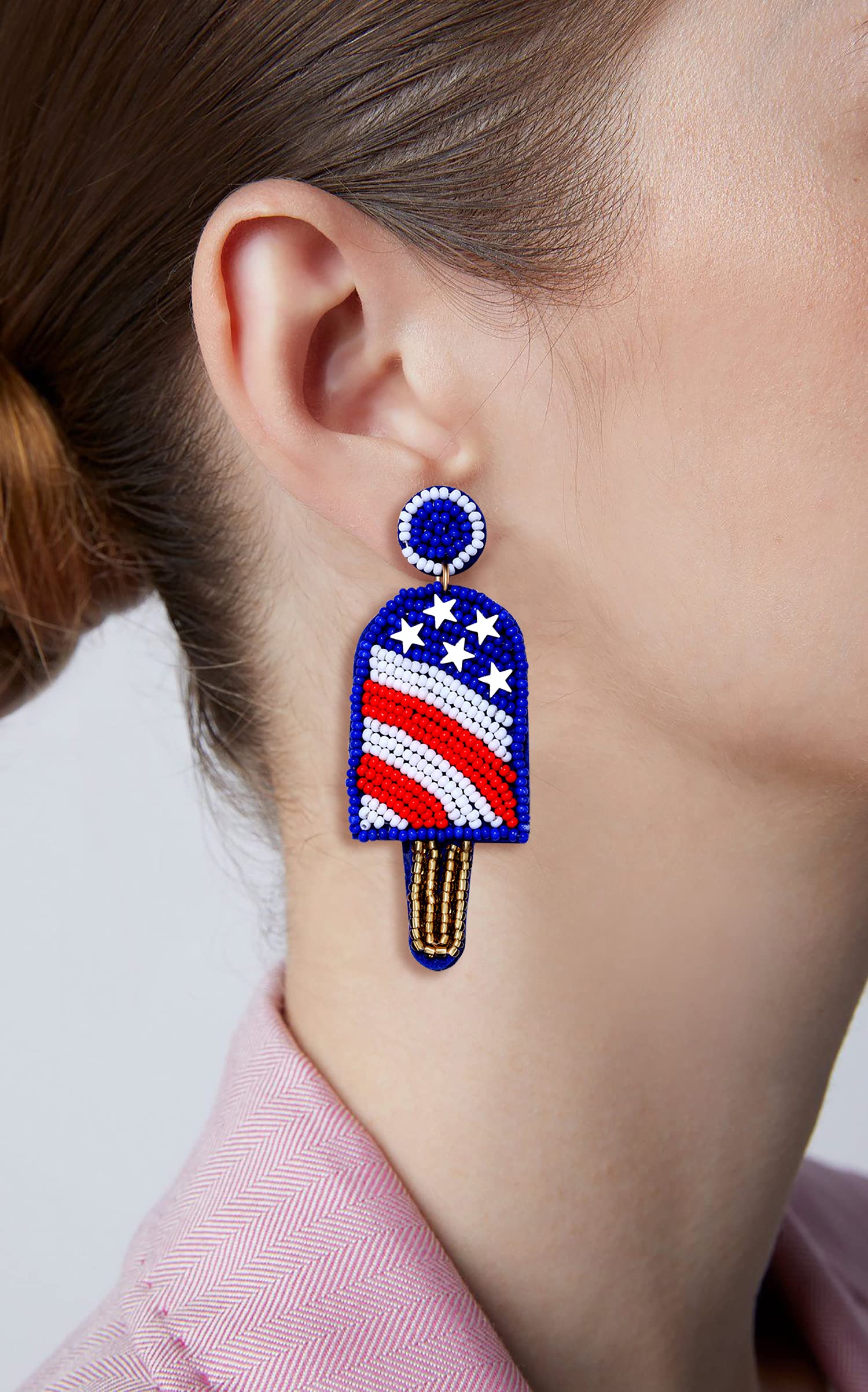 American Flag Beaded Drop Earrings for Women - Handmade Bohemian Patriotic Dangle Earrings, 4th of July Independence Day Party Jewelry Gift for Girls | Perfect for Festivals, National Holidays & Casual Wear