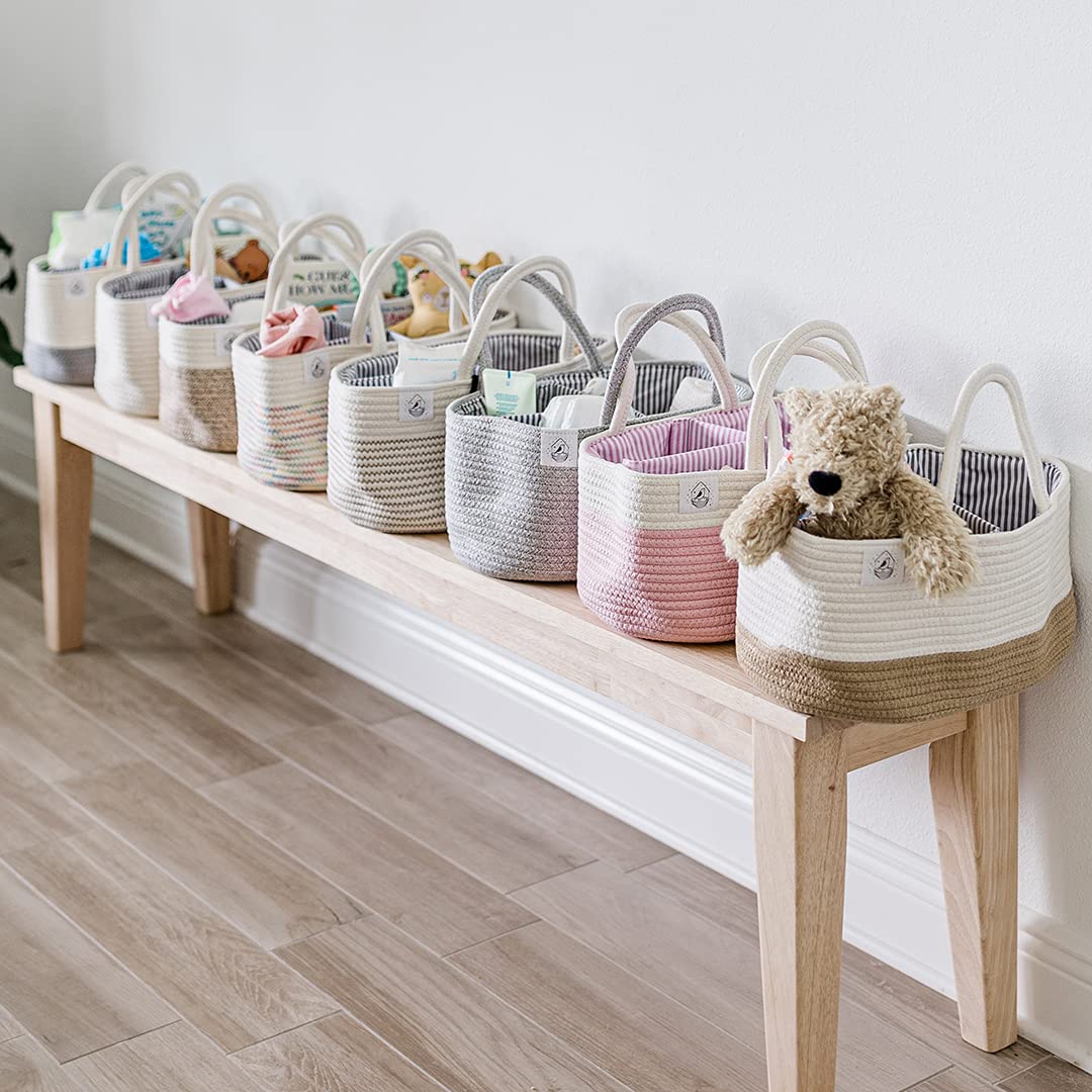 OrganiHaus Rope Diaper Caddy Basket - Baby Changing Station Organizer with Dividers & Handles | Nursery Storage Solution | Perfect Baby Shower Gift for Newborns | Pink Changing Table Basket for Diapers, Wipes & Essentials