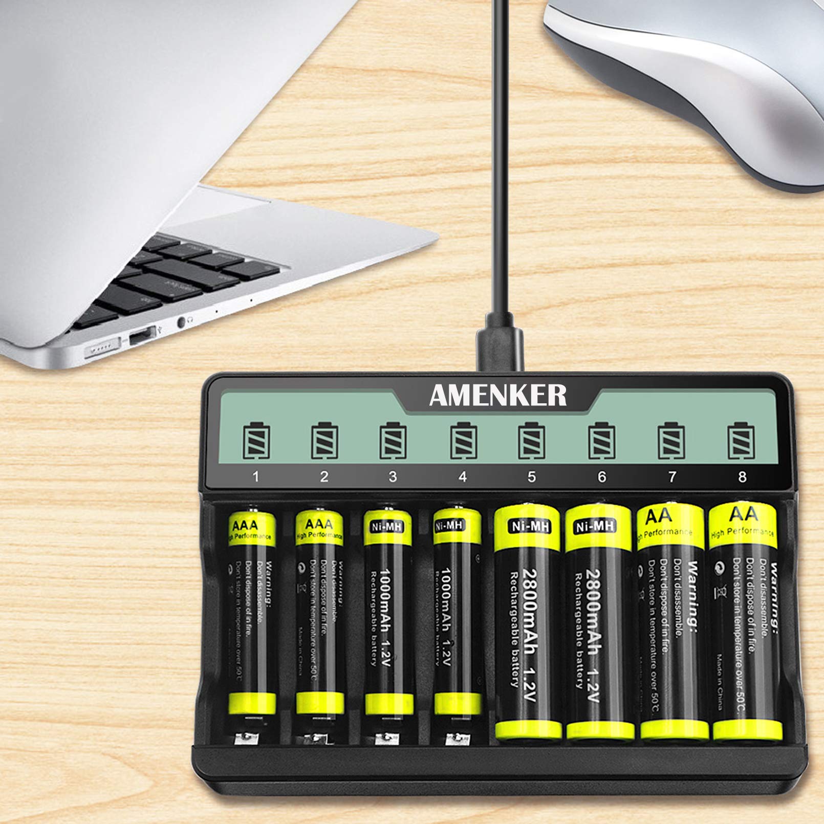 8 Bay AA AAA Battery Charger with LCD Display - Fast USB/Type C Charging for Ni-MH Ni-CD Rechargeable Batteries - Independent Slot Control - Perfect for Cameras, Toys, Flashlights & Home Electronics