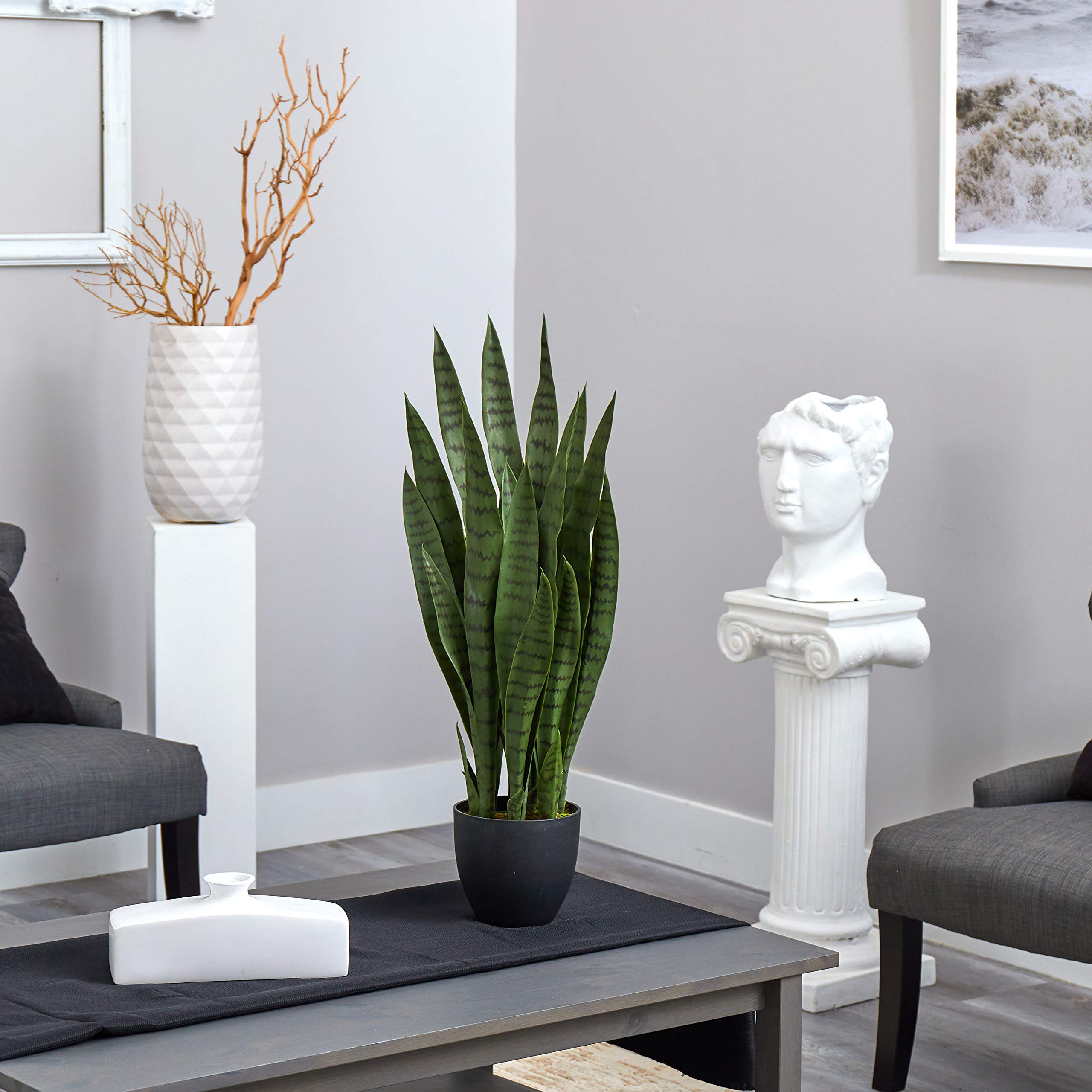 Nearly Natural 43in. Dracaena Silk Artificial Plant with Real Touch Technology - Green & Green 4855 35in. Sansevieria Artificial Plant in Black Planter - Perfect for Home Office Decor, Living Room, and Indoor Spaces