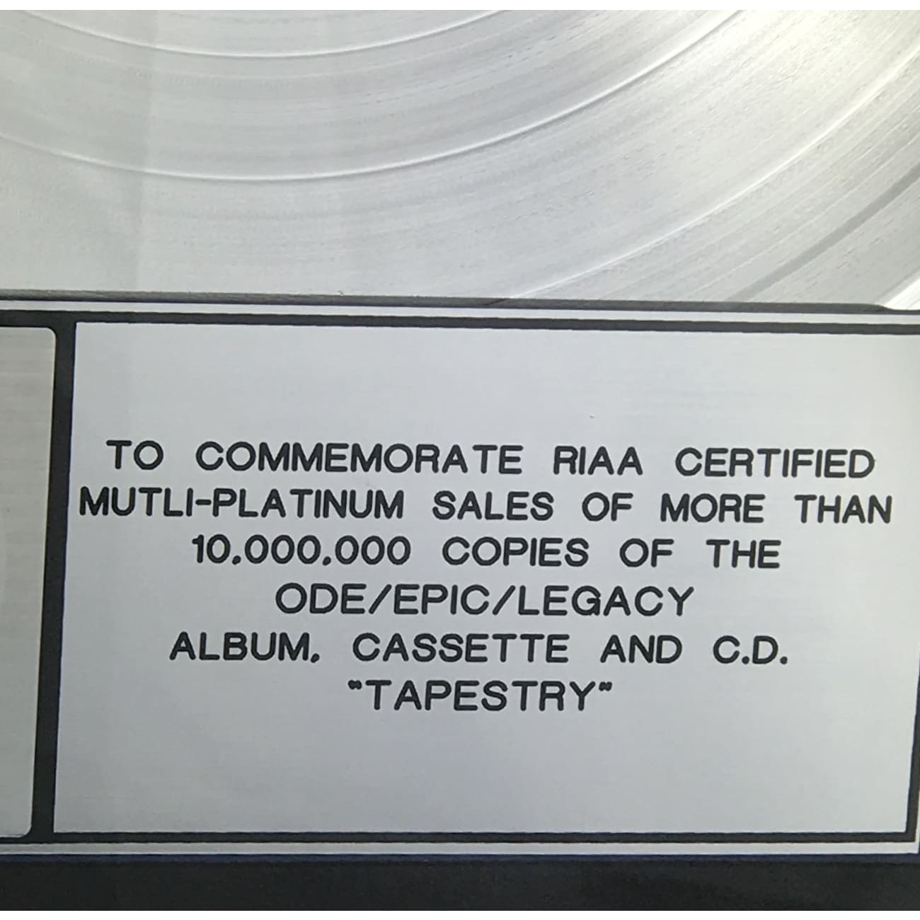 Carole King Tapestry Album - RIAA Certified 10x Platinum Record Award - Perfect for Music Collectors & Grammy Display