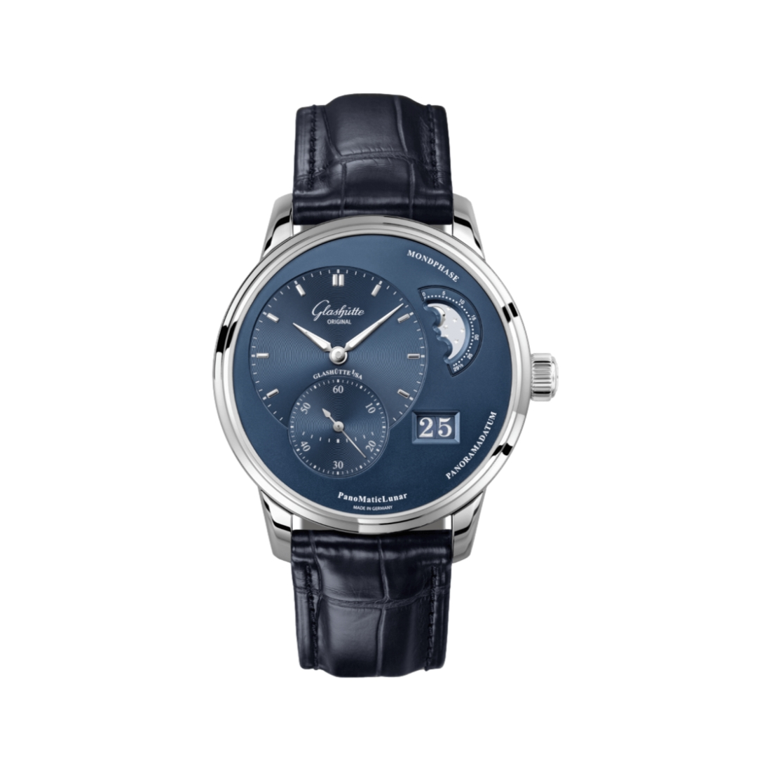 PanoMaticLunar 40mm Stainless Steel Watch with Blue Dial & Leather Strap - Perfect for Business Meetings & Formal Occasions