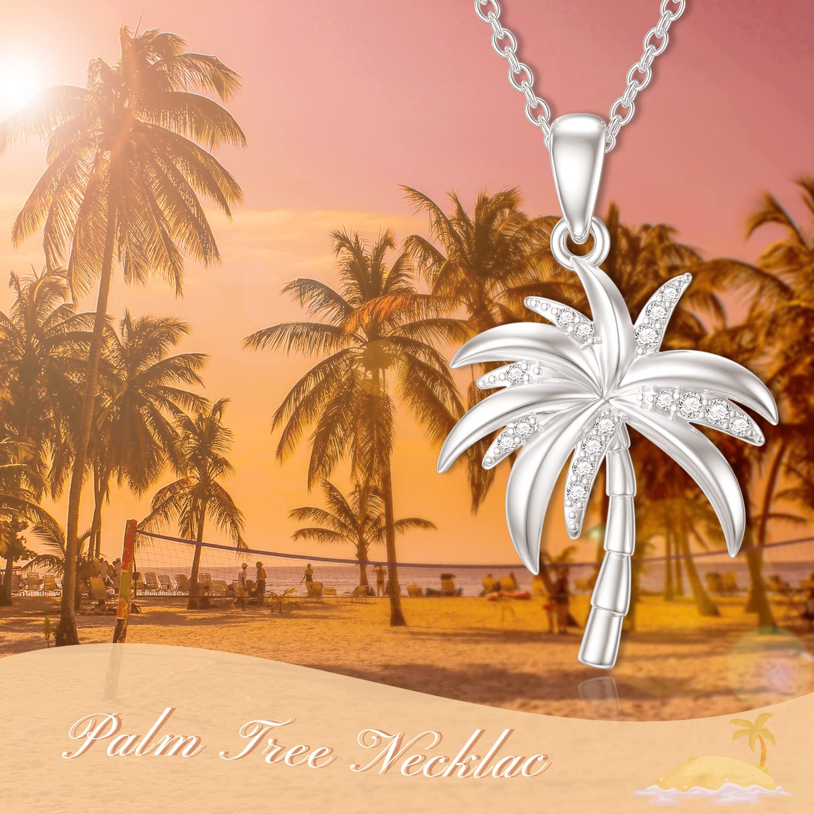 ZBA Natural Diamond Palm Tree Necklace for Women - Sterling Silver/10K/14K Solid Gold Hawaiian Pendant Necklace | Vacation Jewelry, Birthday & Christmas Gift for Her | Perfect for Beach Parties, Tropical Getaways & Summer Fashion (Color F-G, Clarity I1-I2)