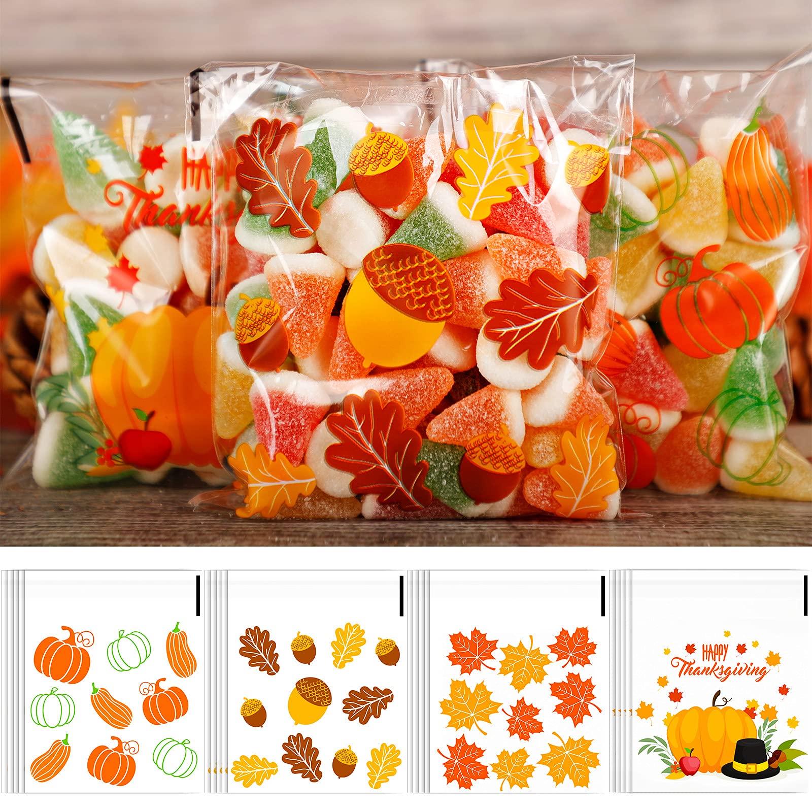 200-Piece Thanksgiving Fall Cellophane Bags - Pumpkin & Maple Leaf Print Treat Bags for Candy, Party Favors, Groceries | Autumn Party Supplies for Halloween, Harvest Festivals & Seasonal Decorations