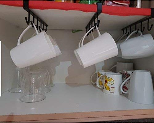 LVZGR Under Shelf Coffee Mug Holder - 6 Hook Metal Rack Organizer for Kitchen Counter, Cabinet & Table - Space Saving Storage Solution for Cups, Mugs & Utensils (Black) - Perfect for Small Kitchens, Office Break Rooms & Dorm Organization