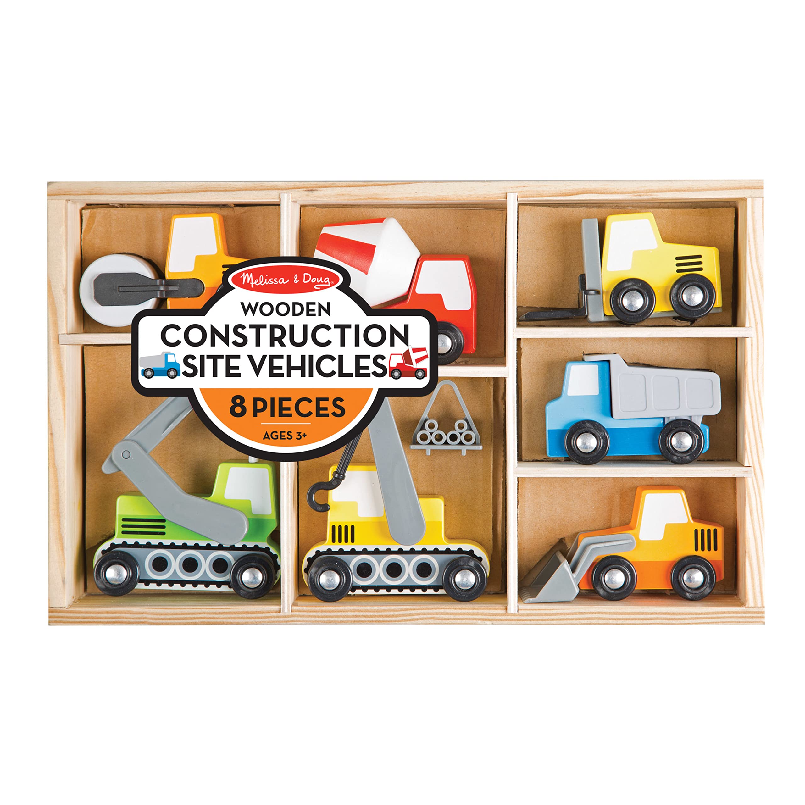 Melissa & Doug Wooden Construction Site Vehicles Set with Storage Tray - 8 Piece Kids Construction Toy Trucks & Cars for Toddlers Age 3+ | Pretend Play, Birthday Gifts, Early Learning Activities