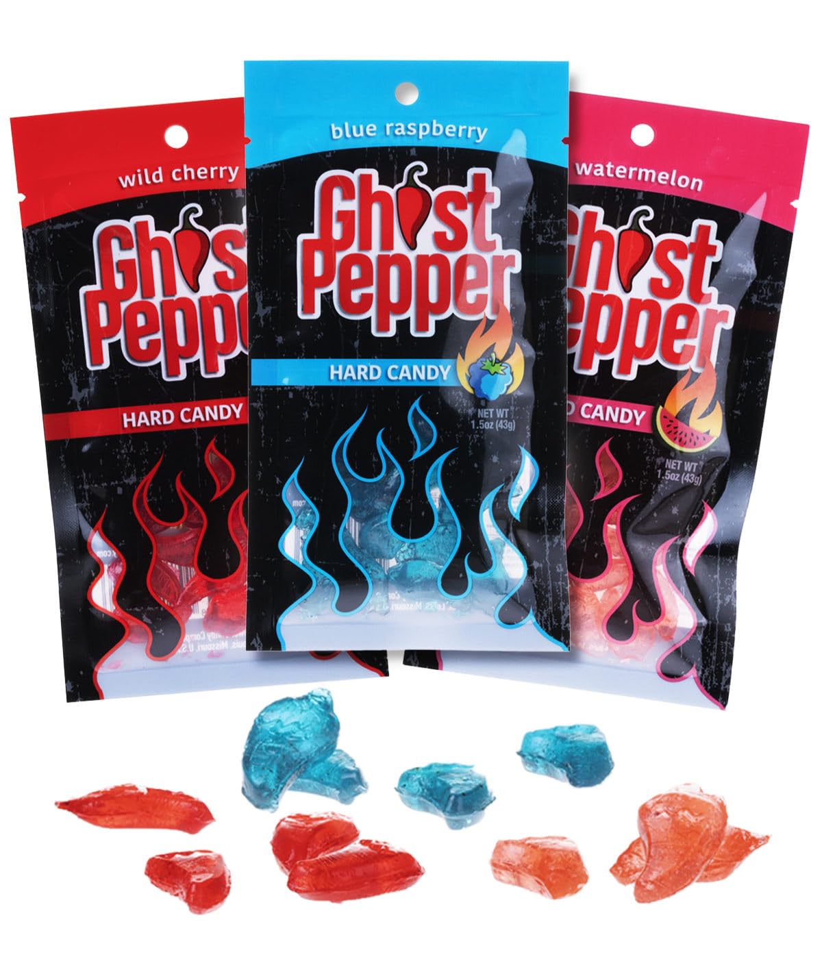 Spicy Ghost Pepper Hard Candy (3-Pack) - Watermelon, Blue Raspberry & Cherry Flavors - Extreme Heat Challenge Snacks for Parties & Prank Gifts