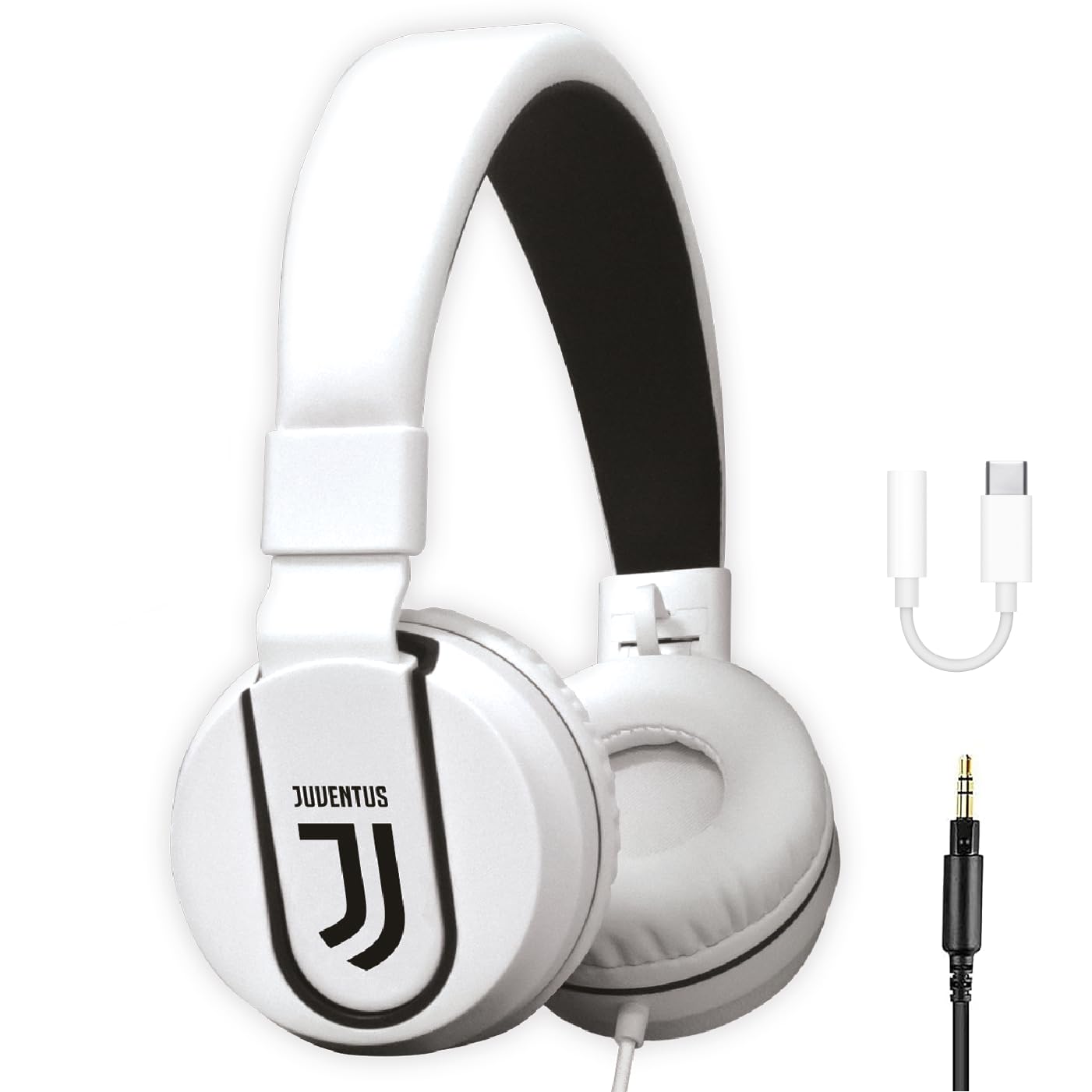 Official Juventus FC Gaming Headset with Built-in Microphone - On-Ear Headphones with 3.5mm AUX Cable & USB-C Adapter - White/Black - Perfect for Gaming, Streaming & Online Classes