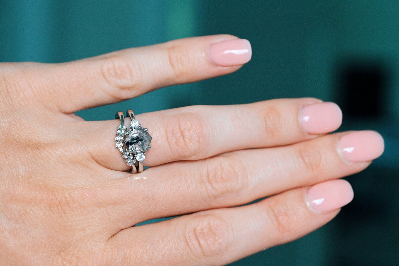 Galaxy Raw Salt & Pepper Diamond Ring Set - Herkimer Diamond Jewelry in 925 Sterling Silver for Women - Perfect for Weddings, Anniversaries & Boho Fashion