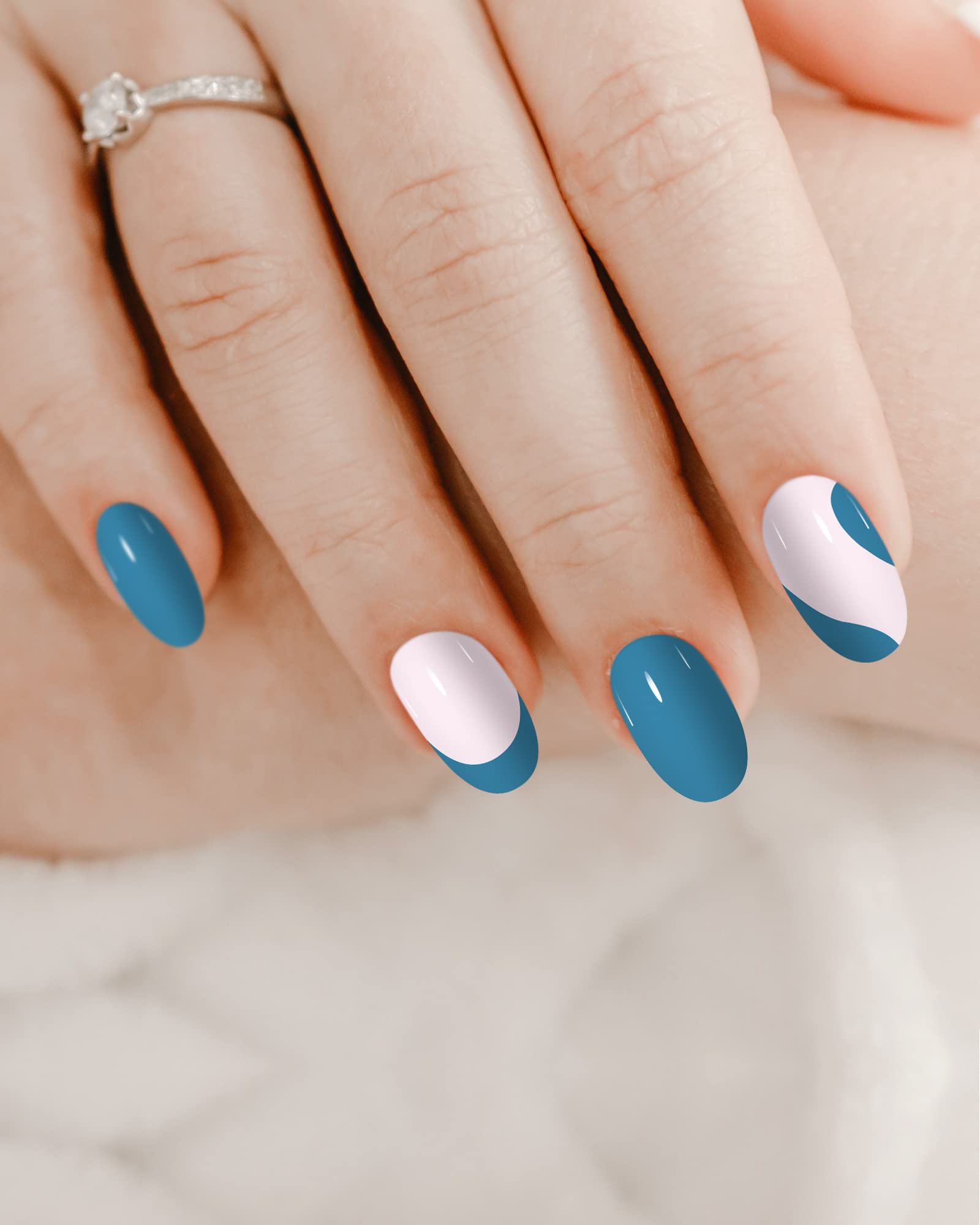 JUSTOTRY 24 Pcs Short Press on Nails - Glossy Almond Fake Nails with Elegant French Steelblue Design, Full Cover Acrylic False Nails Kit with Nail Glue for Women | Perfect for Parties, Weddings, and Everyday Nail Art