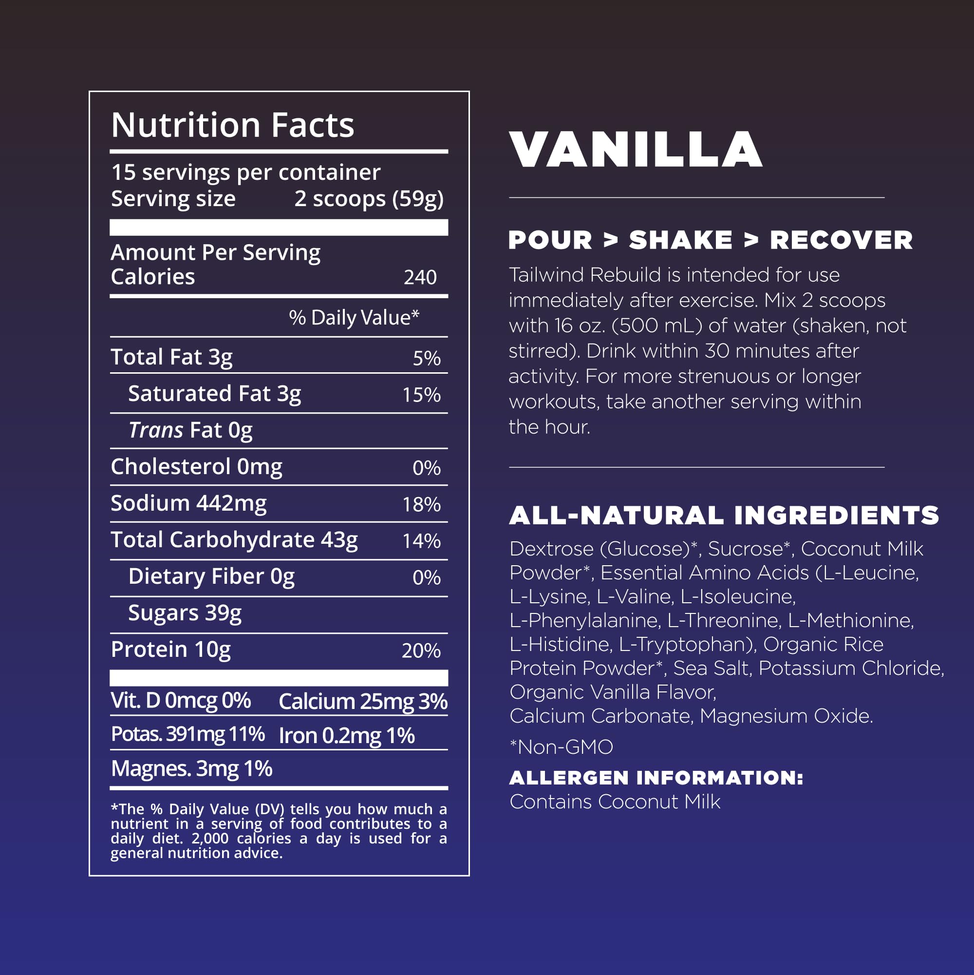 Tailwind Nutrition Recovery Mix - Complete Protein, Carbs & Electrolytes Powder | Vegan Post-Workout Drink | Gluten, Soy & Dairy Free | Vanilla Flavor (15 Servings) | Ideal for Gym Recovery, Hiking & Endurance Sports