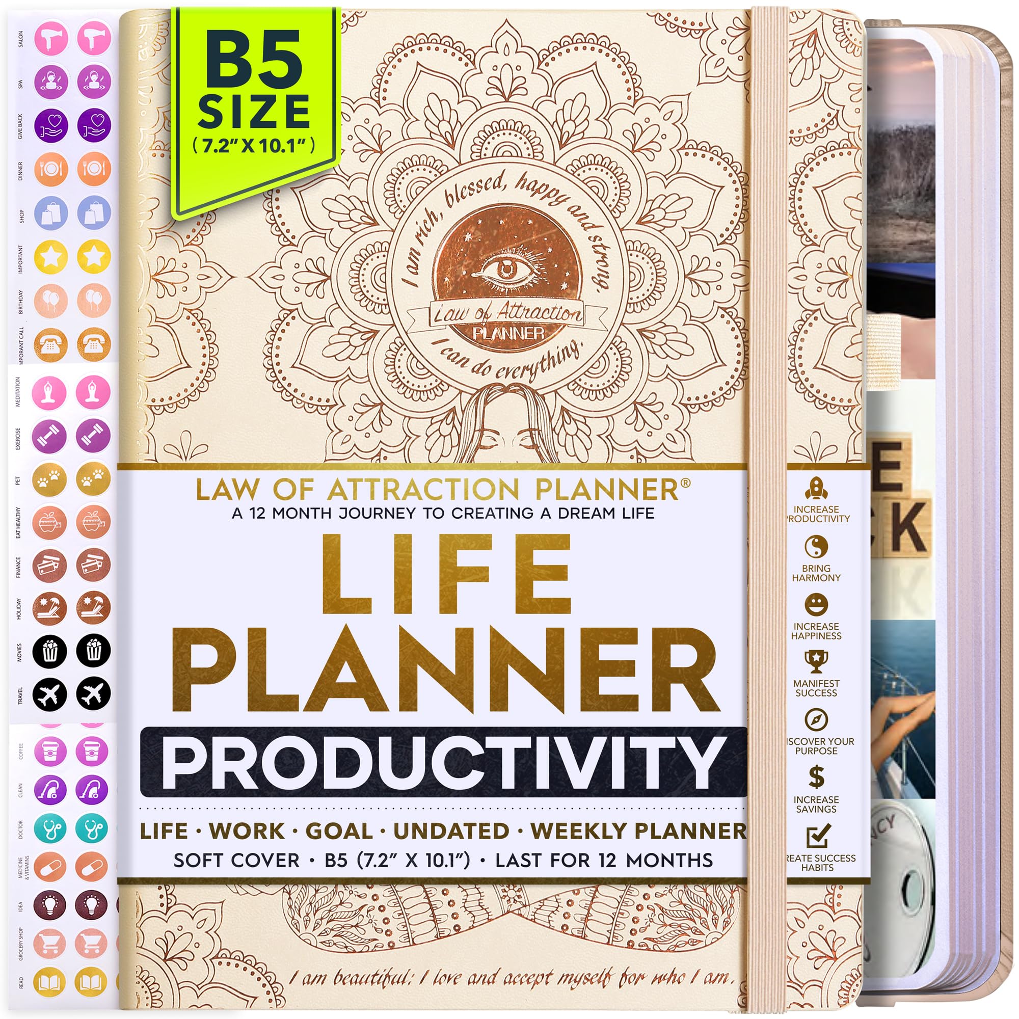 2025 Law of Attraction Planner - Undated Hourly, Weekly & Monthly Productivity Planner for Goal Setting | 12-Month Life Organizer with Gratitude Journal, Vision Board, Stickers & Gift Box | Perfect for Manifestation, Self-Improvement & Daily Planning