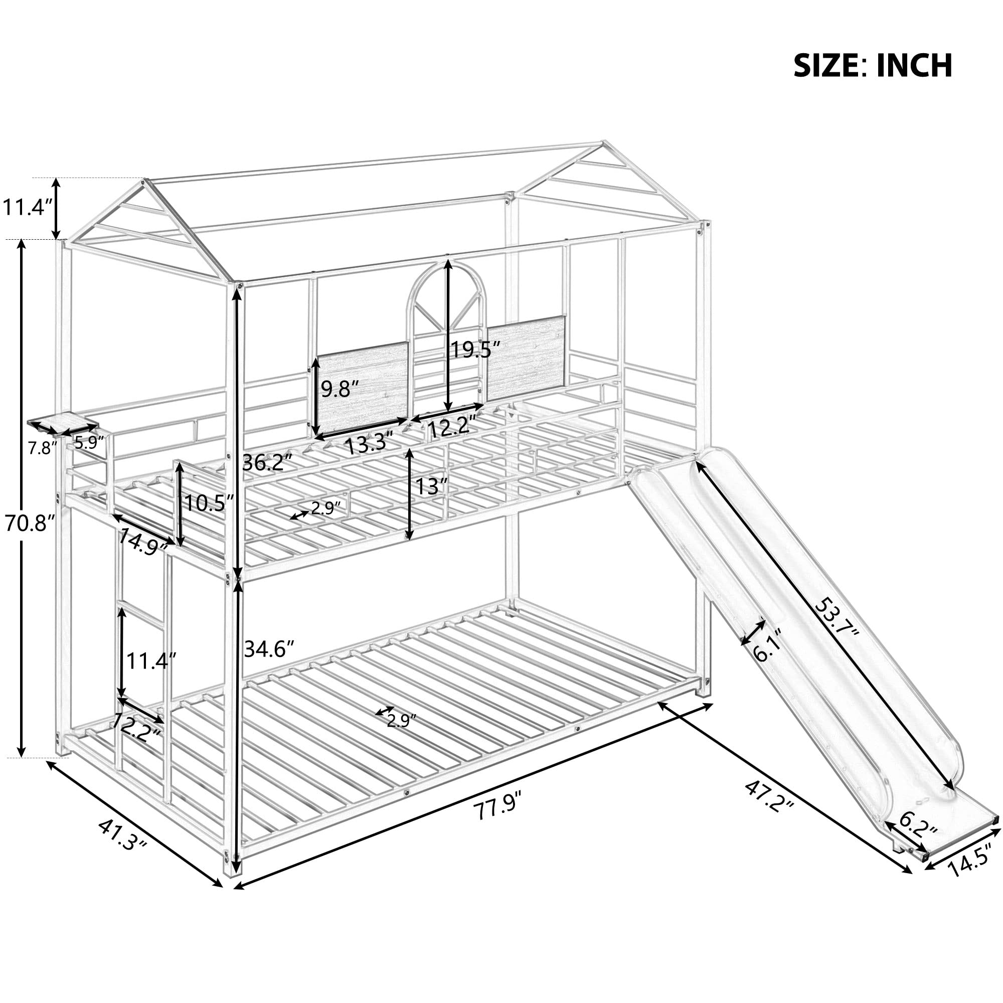 Twin Over Twin Metal Bunk Bed with Ladder & Slide - Sturdy Kids & Teens Bunk Bed Frame with Safety Guard Rails - White Finish - Perfect for Small Bedrooms, Shared Kids Rooms & Sleepovers