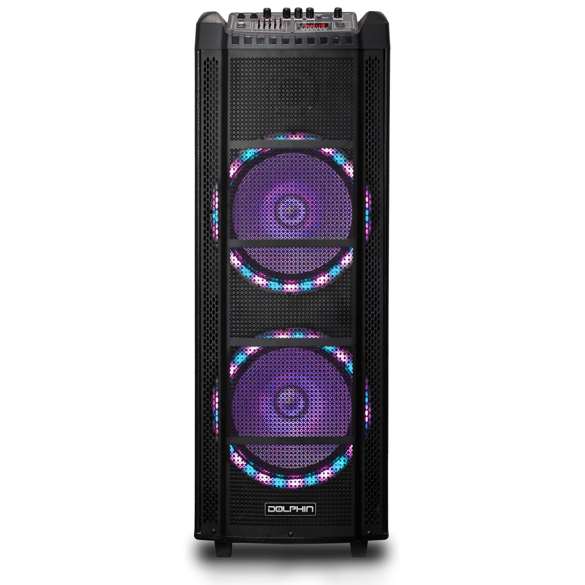 Dolphin SP-2130RBT Dual 12” Rechargeable Bluetooth Karaoke Speaker with 2 Wireless Mics & LED Lights - Portable PA System for Home Parties, Outdoor Singing & Events