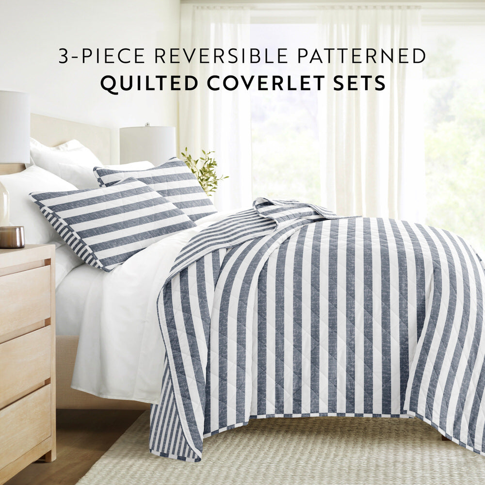 Reversible Quilted Coverlet Set - Classic Striped Bedding for Cozy Comfort | Perfect for Guest Rooms, Master Bedrooms & Seasonal Decor