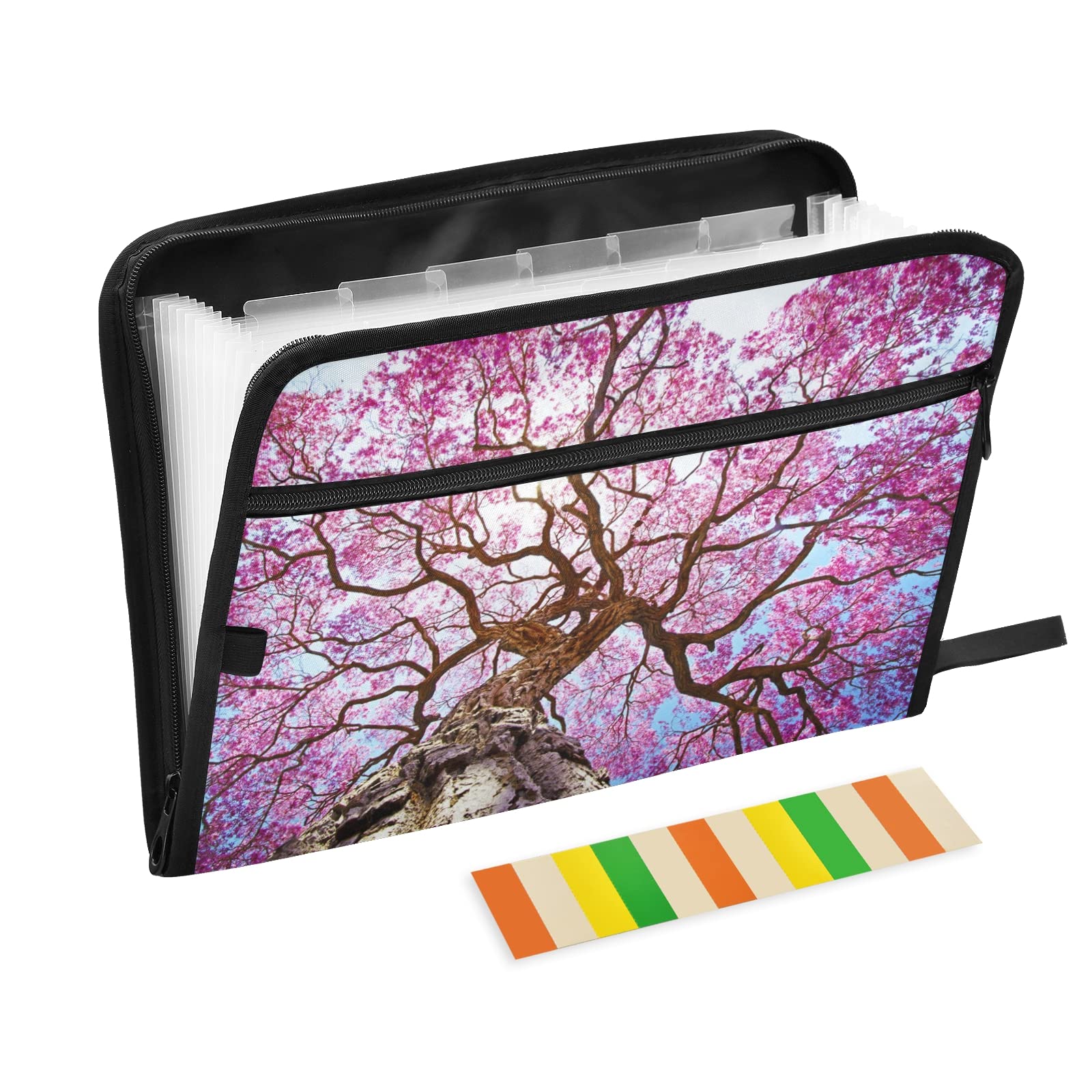 KFBE Pink Floral Expanding File Folder with Sticky Labels - 13 Pocket Accordion Organizer for Letter/A4 Documents - Zippered Closure File Storage for Office, School, Home & Travel Use