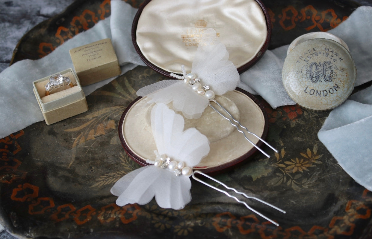 Elegant Silk Organza Butterfly Hair Clips with Freshwater Pearls - Bridal Hair Accessories for Weddings, Parties & Special Occasions