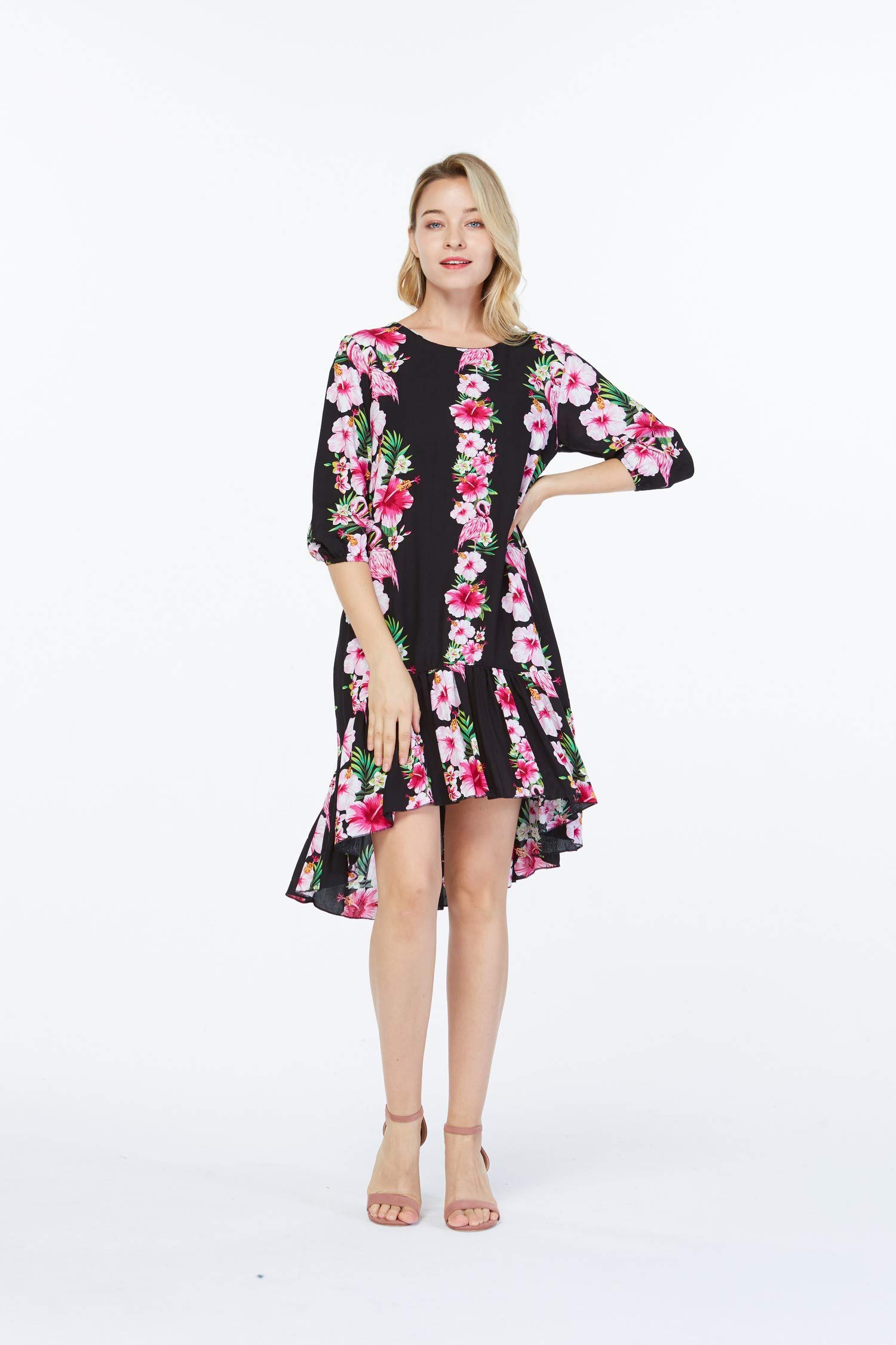 Women's Hawaiian 3/4 Sleeve Mermaid Ruffle Tunic Dress - Pink Hibiscus Floral Print Beach Party Dress for Summer Vacation, Luau, and Tropical Getaways