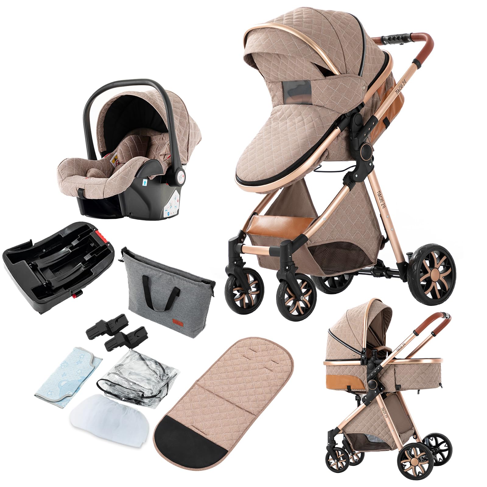 3 in 1 Baby Travel System - Reversible Stroller with Luxury High Landscape Pram & Foldable Design | UDV9-KHAKI with Base | Perfect for Newborns, Toddlers & Traveling Families (Ideal for Shopping, Park Walks & Air Travel)