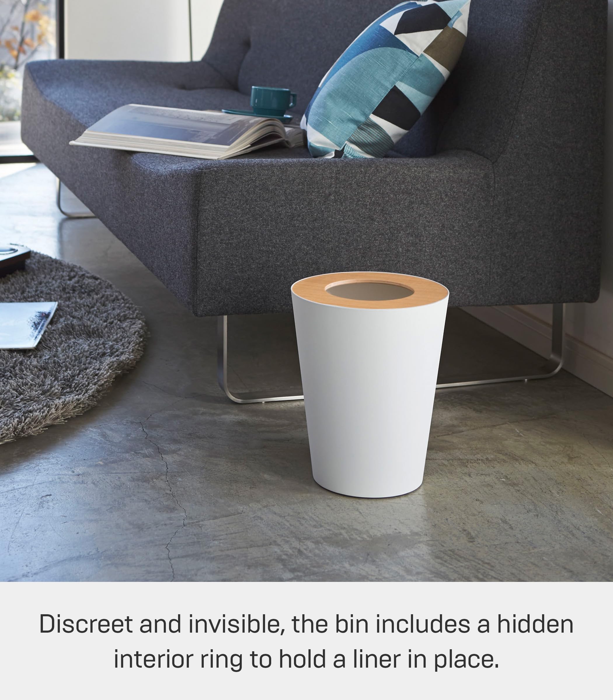 Yamazaki Home Small Modern Trash Can - Stainless Steel & Wood Waste Bin for Bathroom, Kitchen, Office - Compact Ash Design for Small Spaces & Minimalist Homes