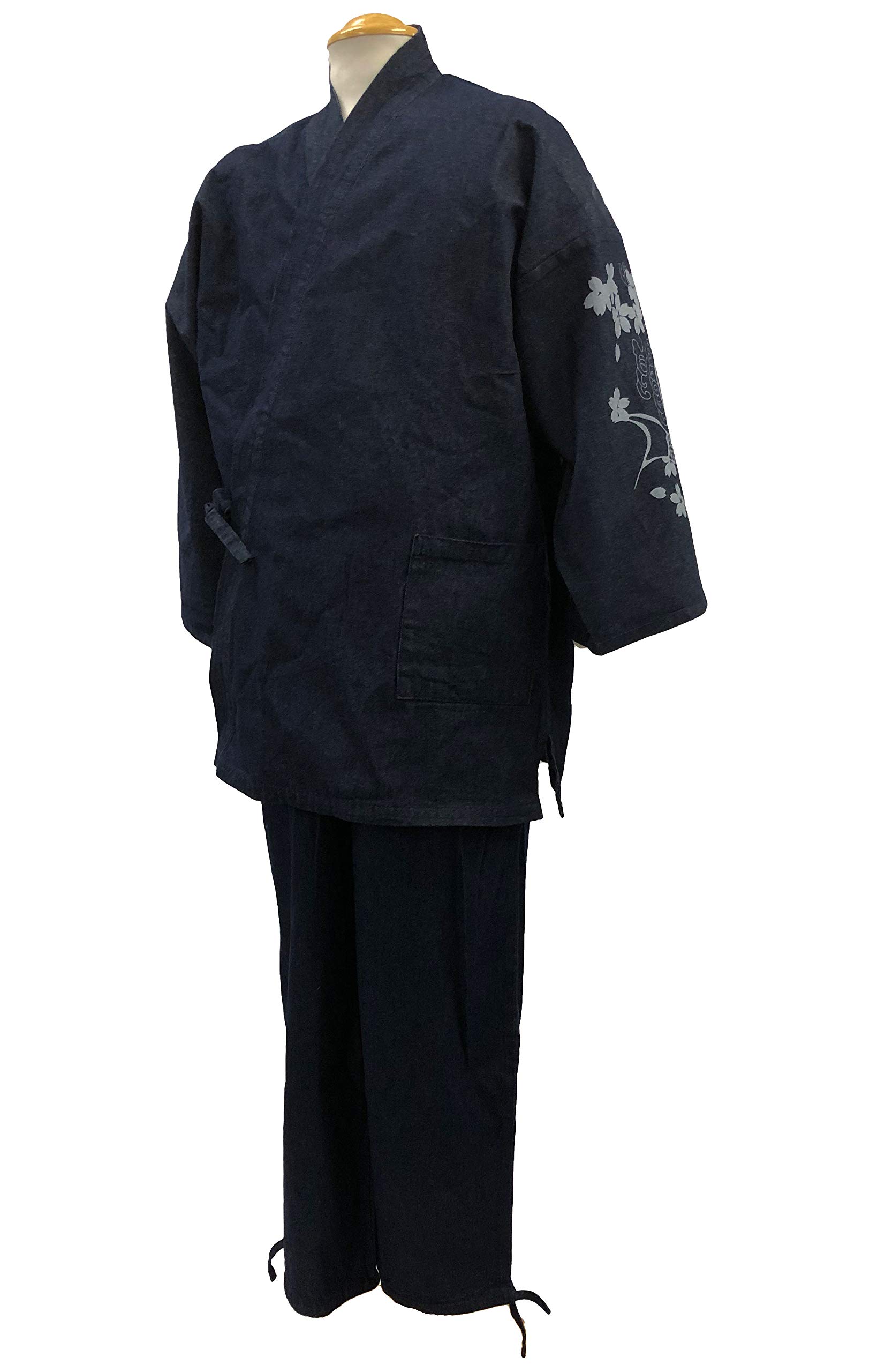 100% Cotton Japanese Denim Samue - Traditional Pattern Printed Workwear for Meditation, Yoga, and Casual Wear