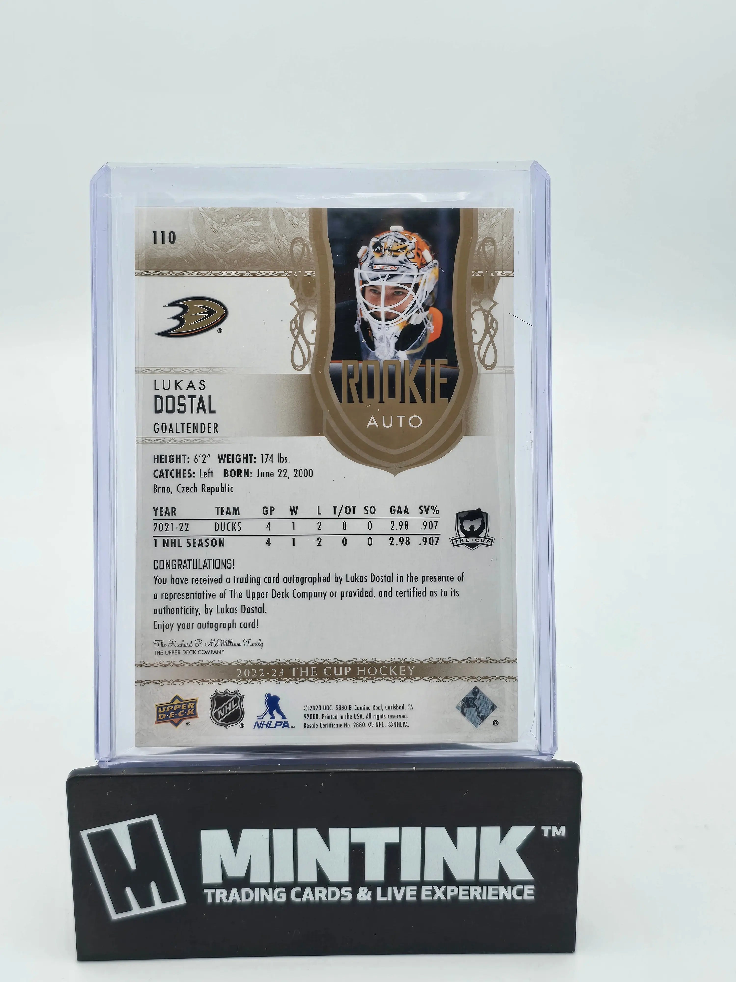 2022-23 Upper Deck The Cup Lukas Dostal Gold Foil Rookie Auto Hockey Card /36 - NHL Collectible for Fans & Investors