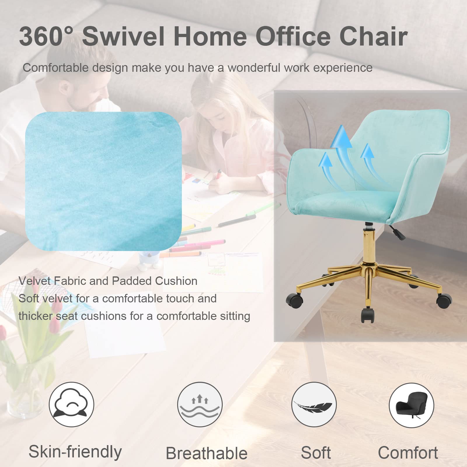 Yoluckea Modern Velvet Home Office Chair - Adjustable Swivel Desk Chair for Living Room, Teen Room & Workspace - Ergonomic Upholstered Task Chair with Lumbar Support - Perfect for Home Office, Gaming & Vanity (Light Green)