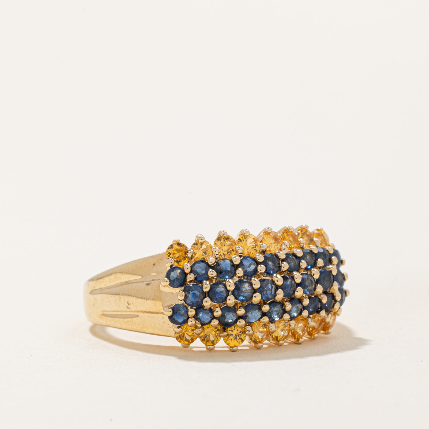 Exquisite 1.10ctw Five Row Yellow & Blue Sapphire Cocktail Ring - Size 9.25 | Elegant Statement Jewelry for Evening Parties, Weddings & Special Occasions