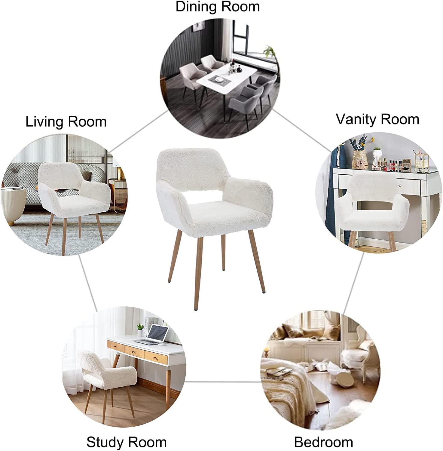 Luxury White Faux Fur Office Chair with Wood Finish Metal Legs - Soft Fluffy Vanity Chair for Girls & Teens - Perfect for Home Office, Makeup Desk, Dining Room & Study Area