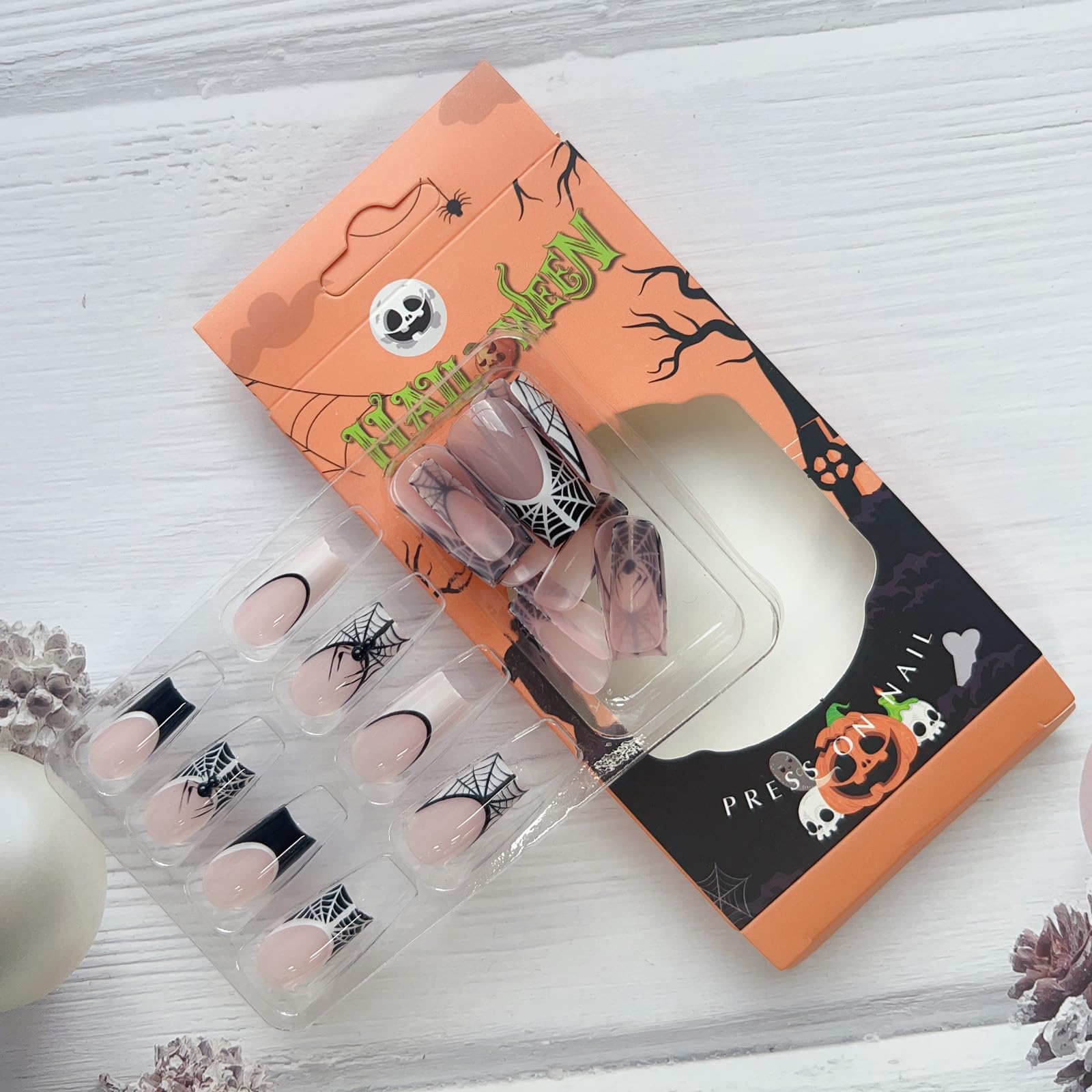 24 Pcs Halloween Spider Web Press On Nails - Long Square Fake Nails with Black & White French Tips - Full Cover Acrylic Nails for Women & Girls - Manicure Decorations for Costume Parties & Spooky Nail Art