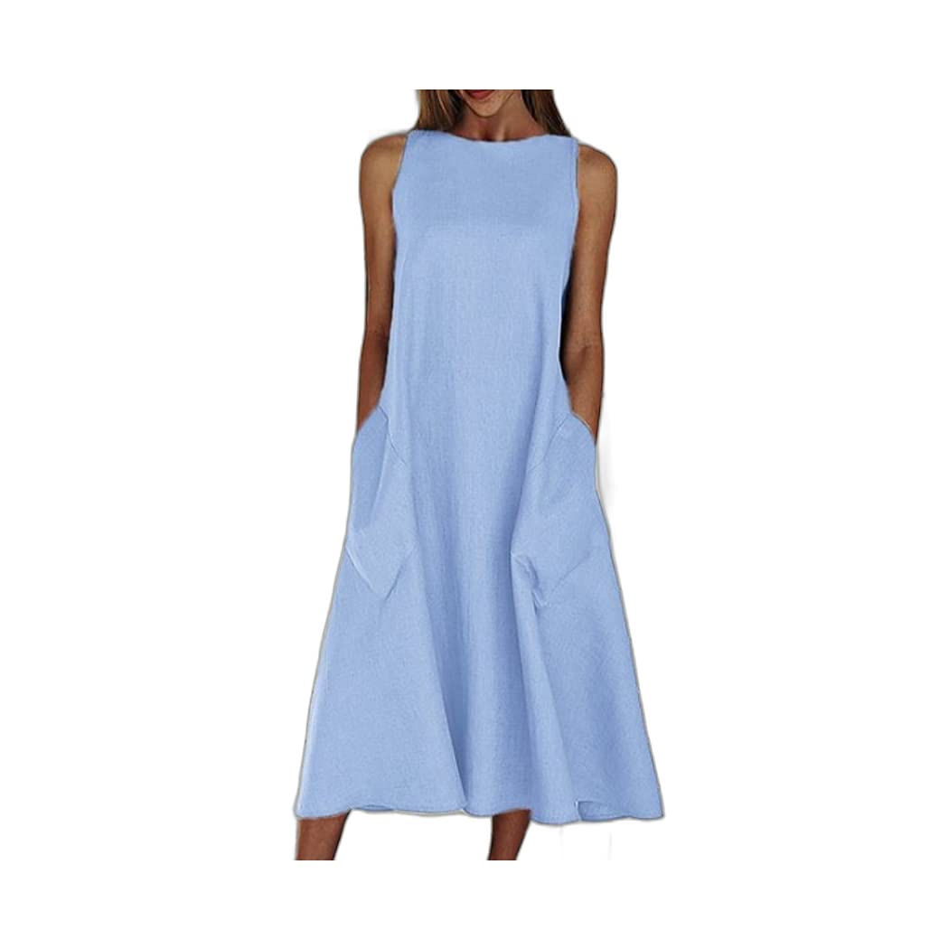 Women's A-Line Midi Dress - Sleeveless Solid Color with Pockets (White, Blue, Yellow, Gray) | Casual Summer Dress for Beach, Office & Party Wear