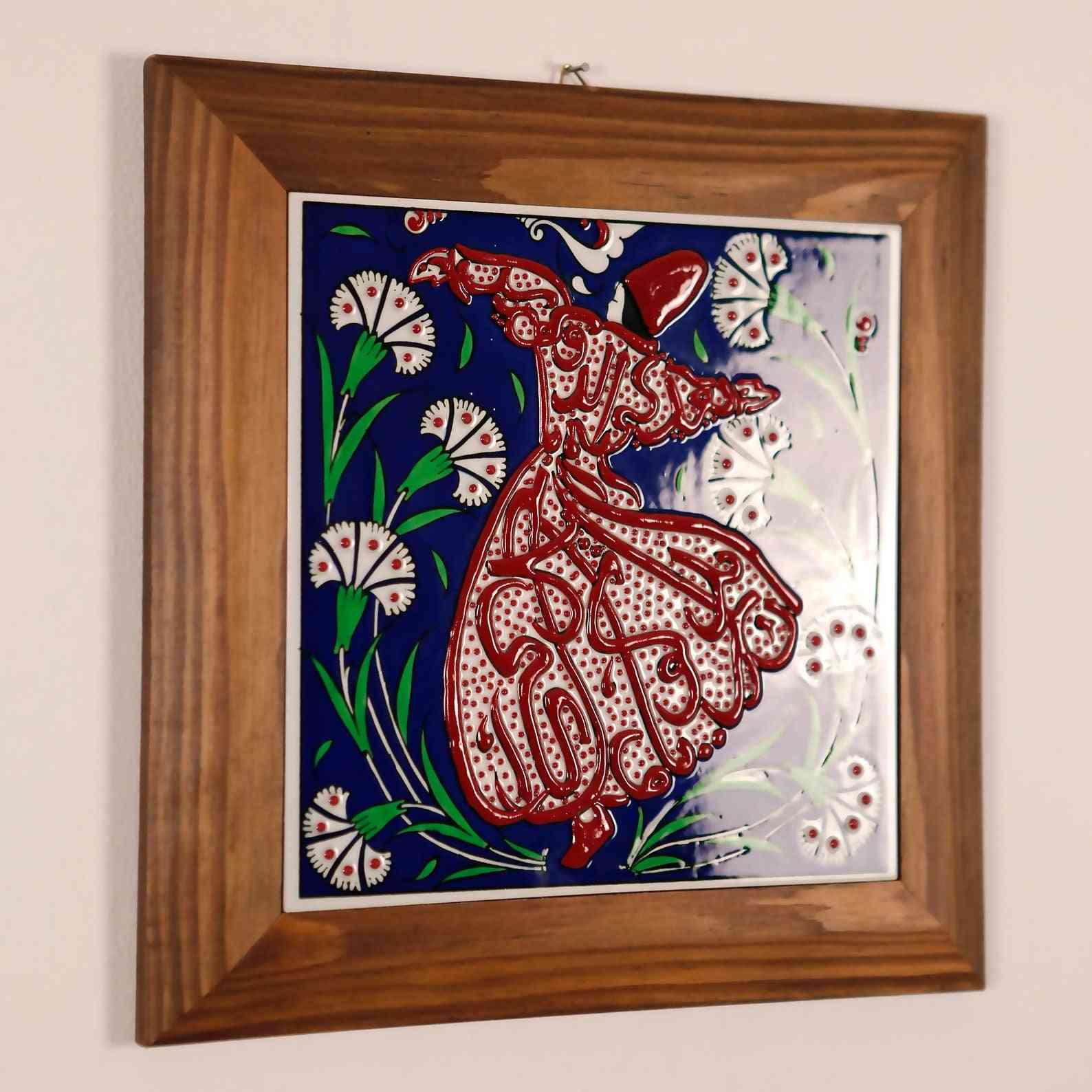 Hand Painted Islamic Iznik Tile Wall Art - Whirling Darwish Design - Authentic Turkish Home Decor for Living Room, Bedroom & Office