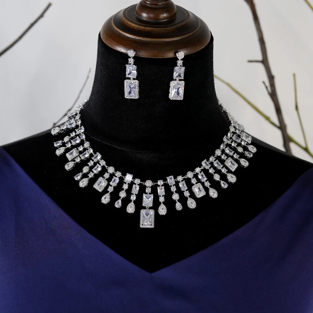 Luxury Square Tassel Necklace and Earrings Set for Women - Elegant Bridal Jewelry Wedding Gift - Perfect for Weddings, Parties, and Special Occasions