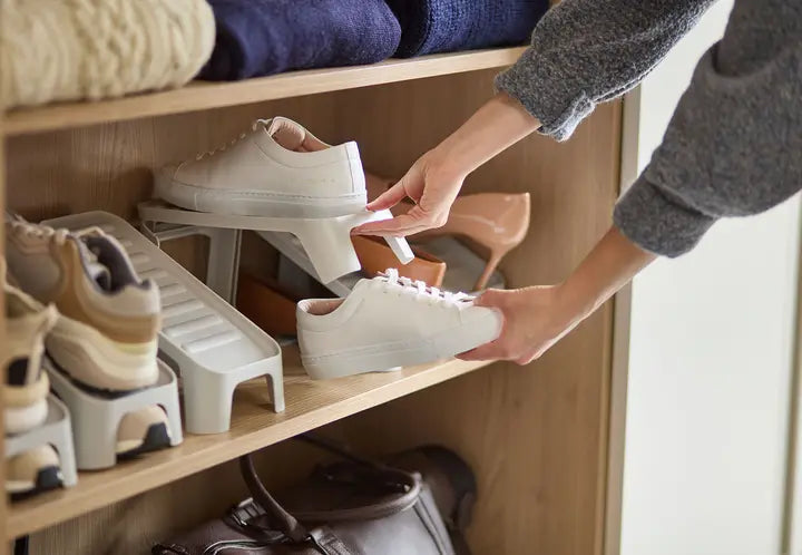 2-Piece Compact Shoe Caddy Organizer - Space-Saving Ecru Shoe Storage for Closet, Travel & Under-Bed Organization