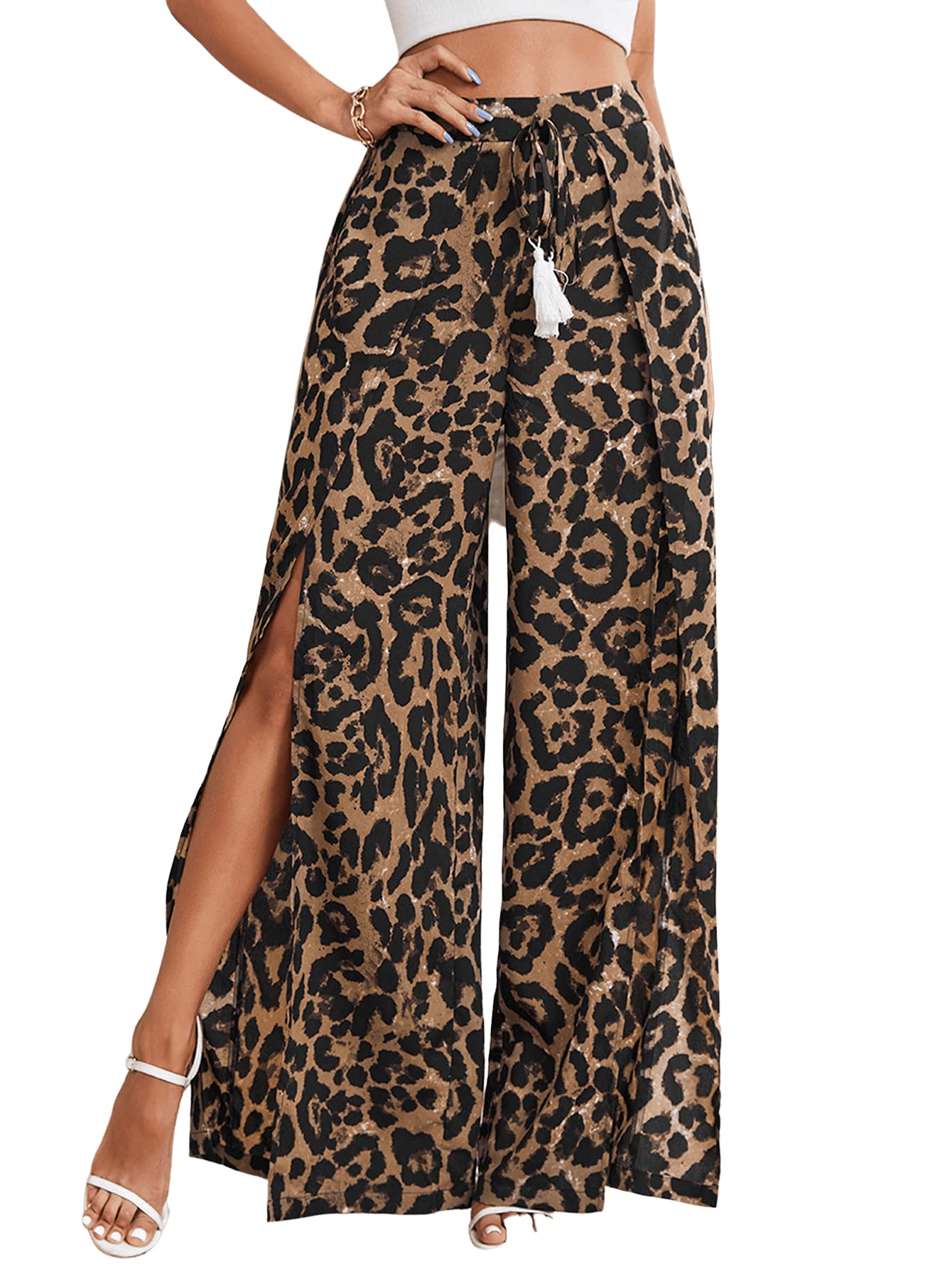 WDIRARA Women's High Waisted Wide Leg Pants with Elastic Waistband & Tie Front Wrap Design - Comfortable Stretchy Lounge Pants for Work, Travel & Casual Wear