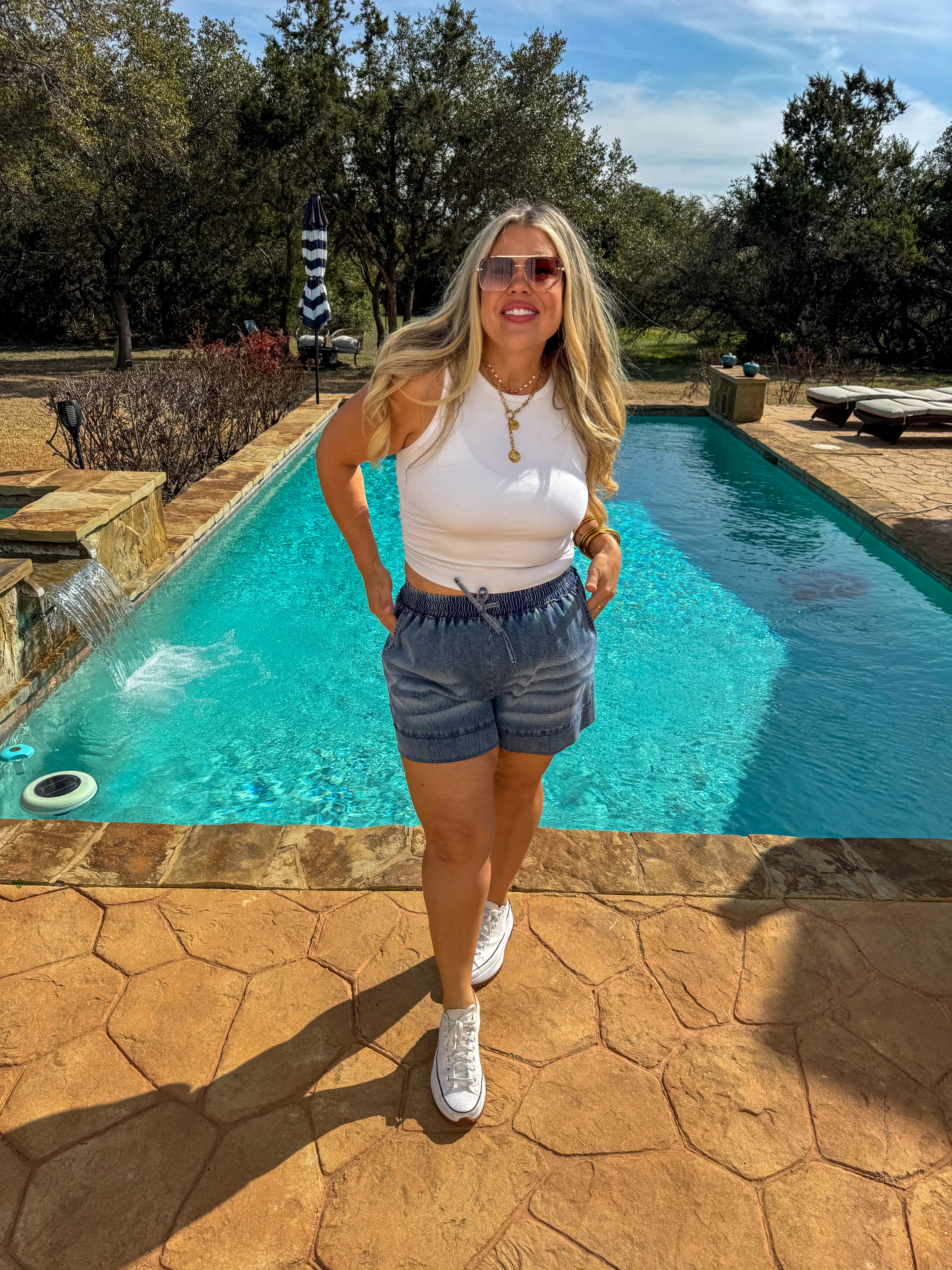 PREORDER: Drift Away Denim Shorts for Women - High Waisted Distressed Denim Shorts | Comfortable & Stylish Summer Shorts for Casual Wear, Beach, and Outdoor Activities