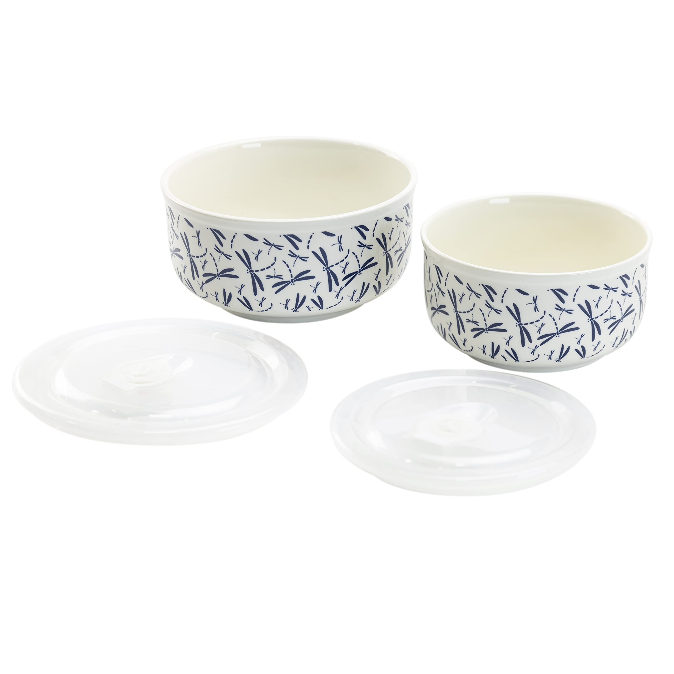 Nested Porcelain Storage Bowls with Vented Lids - 2-Piece Set (Large & Medium) - Dragonflies Dark Blue Design - Perfect for Pantry Organization, Food Storage & Meal Prep