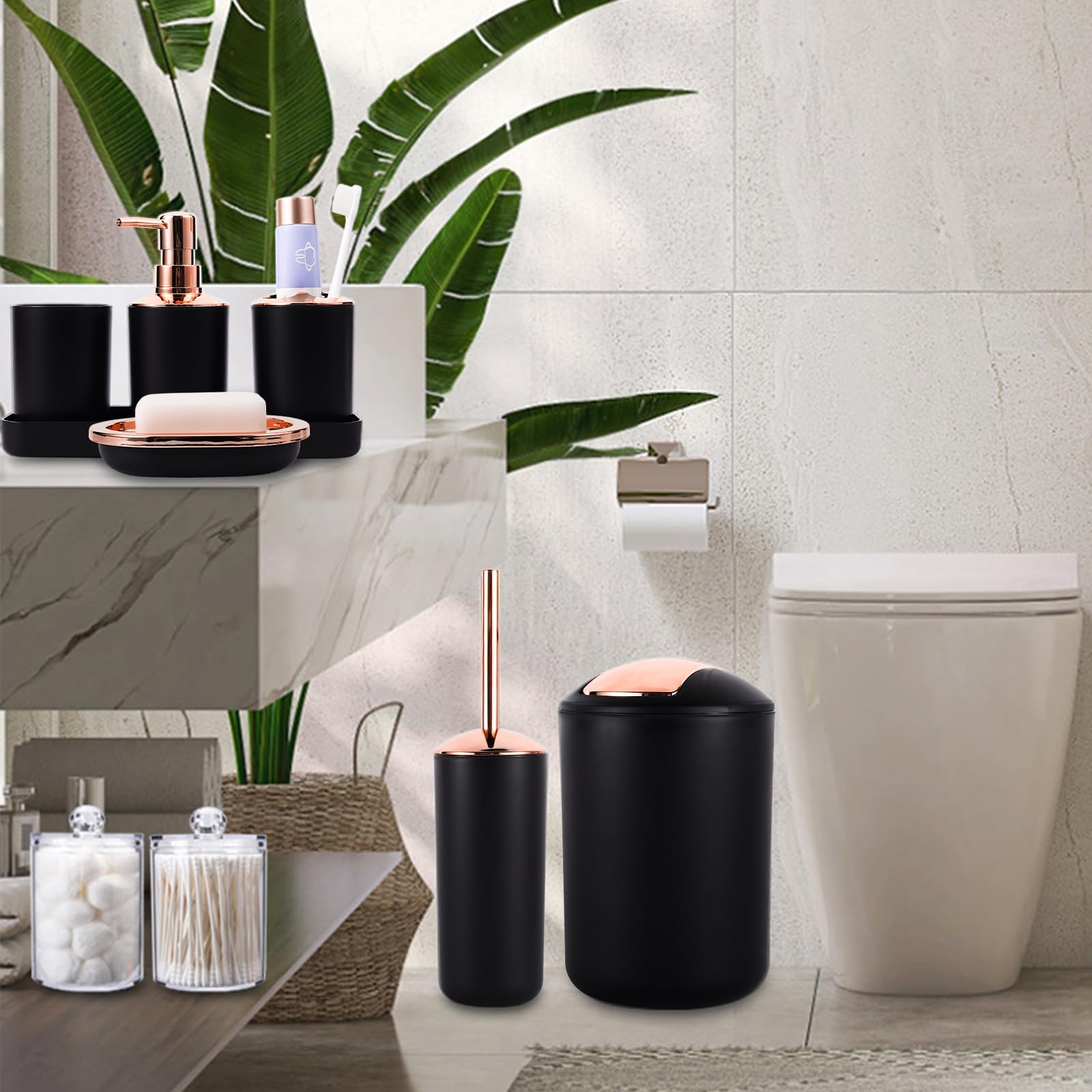 9-Piece Black Bathroom Accessories Set - Modern Trash Can, Soap Dispenser, Soap Dish, Toilet Brush with Holder, Toothbrush Holder, Tumbler Cup, Tray & Q-Tip Holders | Bathroom Countertop Organizer Essentials for Home & Hotel Use