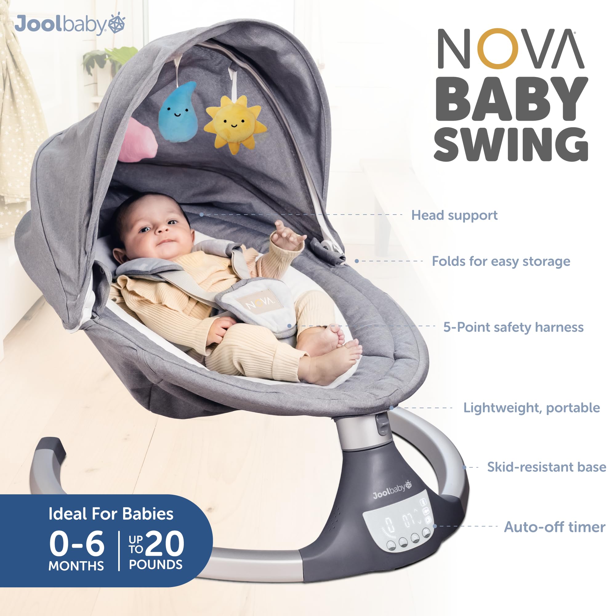 Jool Baby Nova Electric Baby Swing for Newborns & Infants - Bluetooth Enabled Motorized Infant Swing with 10 Soothing Melodies, Remote Control (2024 Model) - Perfect for Nursery, Daycare & Soothing Fussy Babies