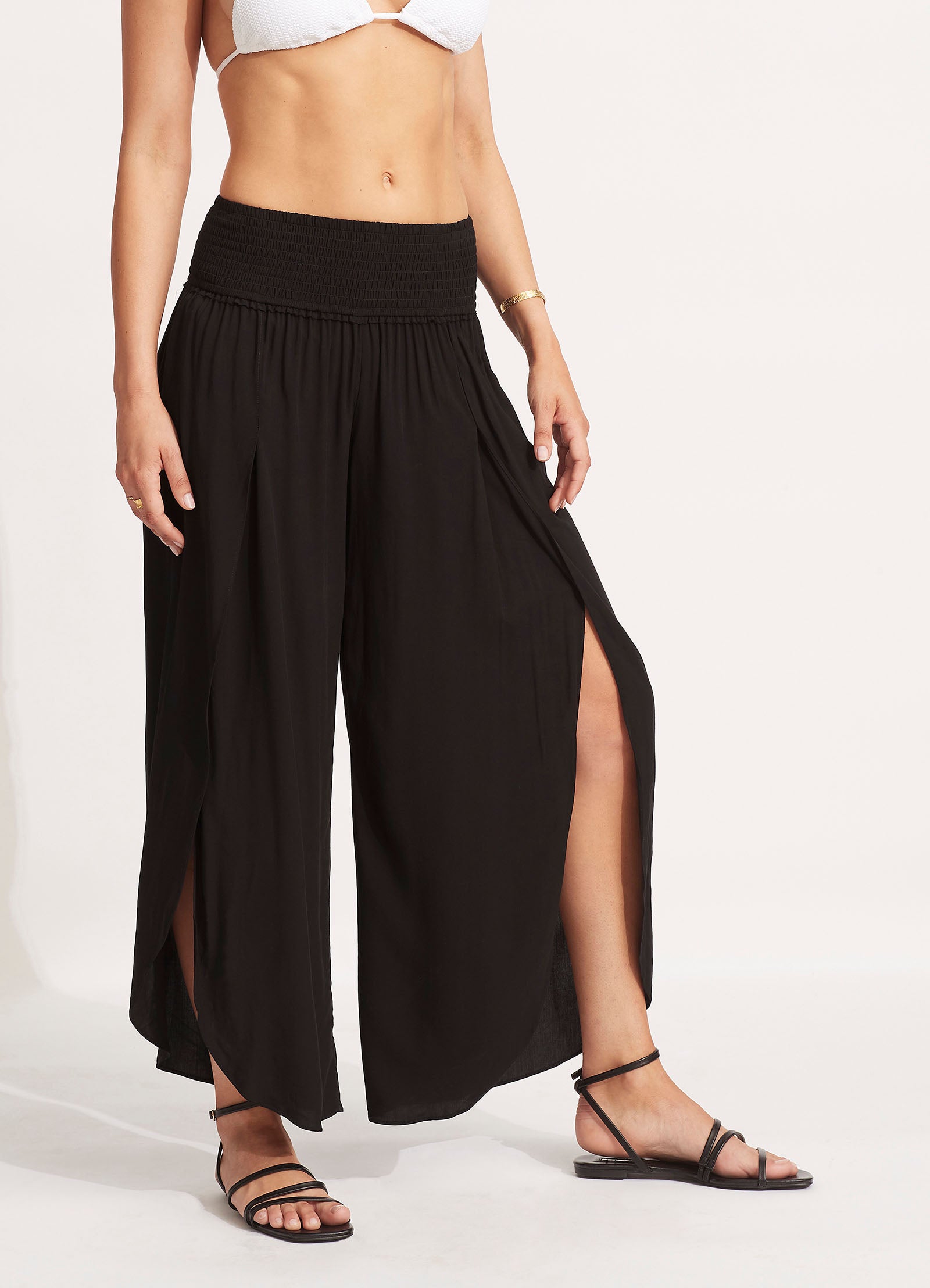 Shirred Waist Wrap Pants for Women - Stretchy High Waisted Lounge Pants in Black | Perfect for Yoga, Home Wear & Casual Outfits