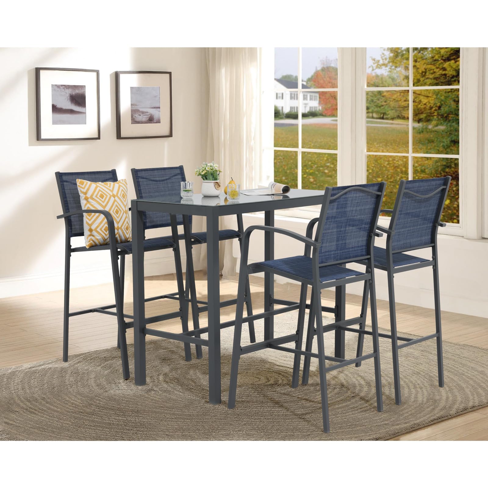 OC Orange-Casual 5-Piece Outdoor Bar Set - All-Weather Aluminum & Textile Fabric High Top Dining Table with 4 Metal Bar Stools & Glass Top Table - Navy Blue Patio Furniture for Porch, Garden, Backyard, Poolside & Outdoor Entertaining