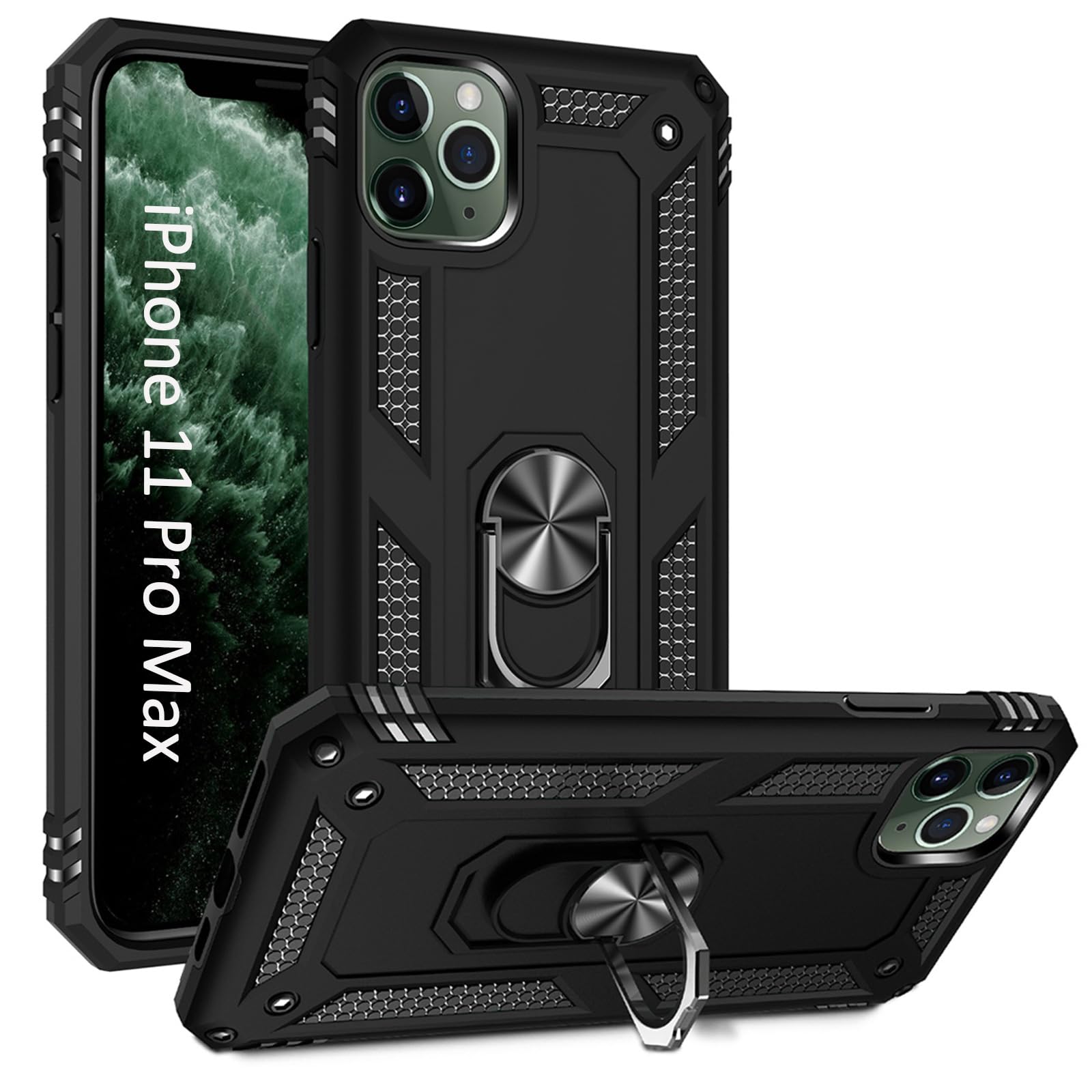 Premium Military-Grade Protective iPhone 11 Pro Max Case with Ring Car Mount & Kickstand - Shockproof, Durable Cover for iPhone 11 Pro Max (Black) - Perfect for Driving, Work & Outdoor Activities