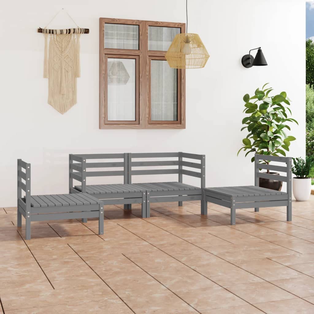 vidaXL 4-Piece Solid Pinewood Patio Lounge Set - Gray Outdoor Garden Furniture for Backyard, Terrace & Poolside Relaxation | Weather-Resistant Wooden Sofa Seating with Chairs